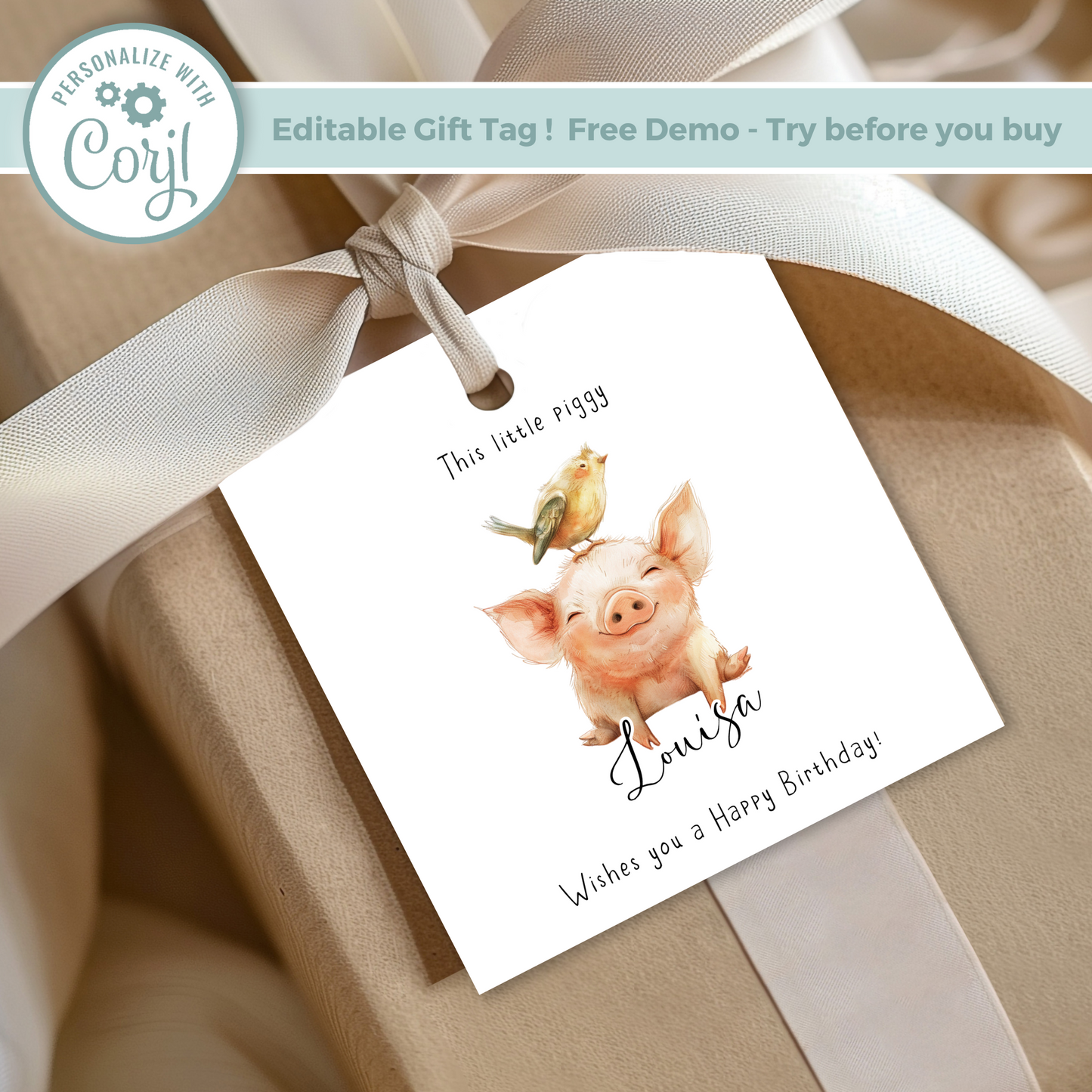 Editable Pig Birthday Gift Tag
