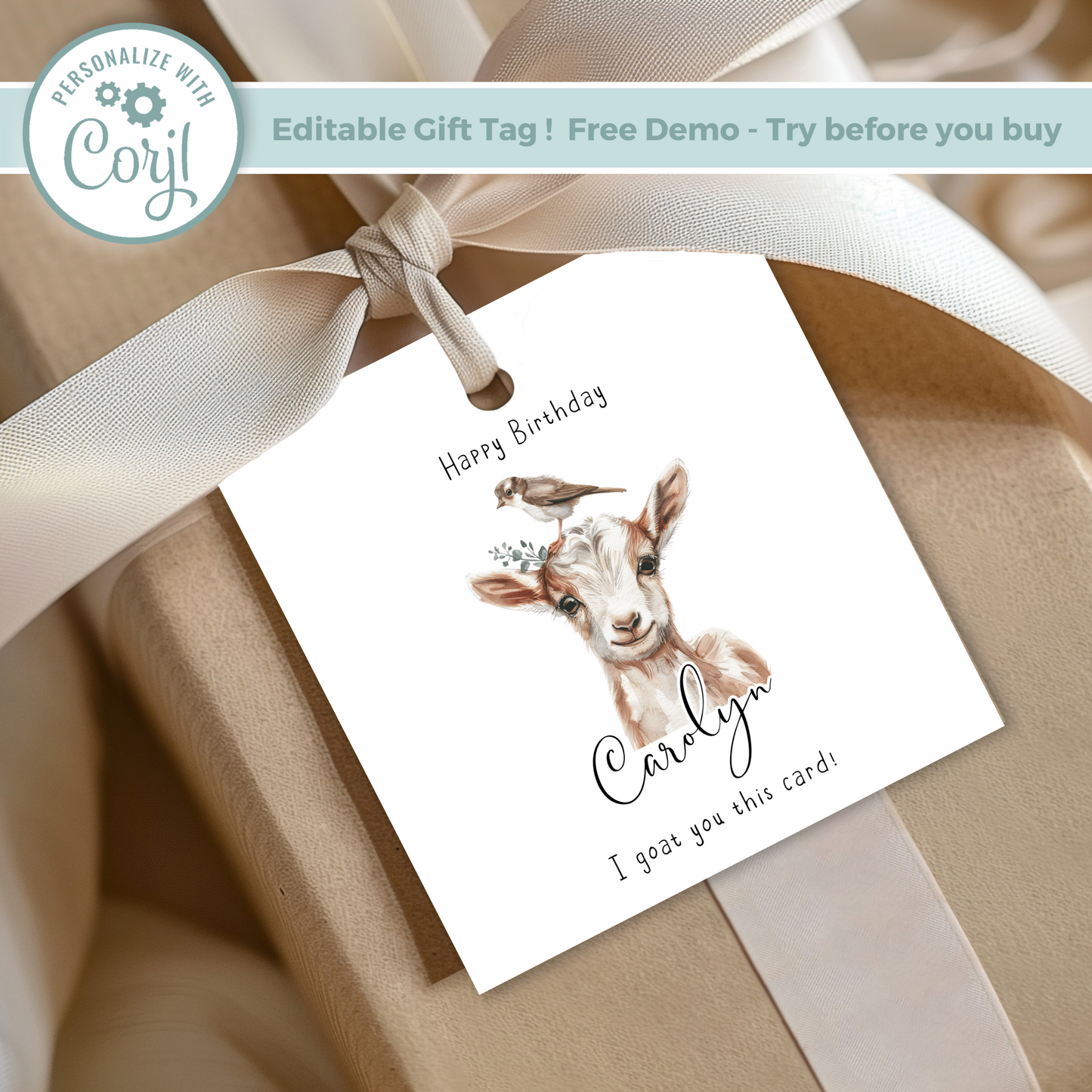 Editable Goat Birthday Gift Tag