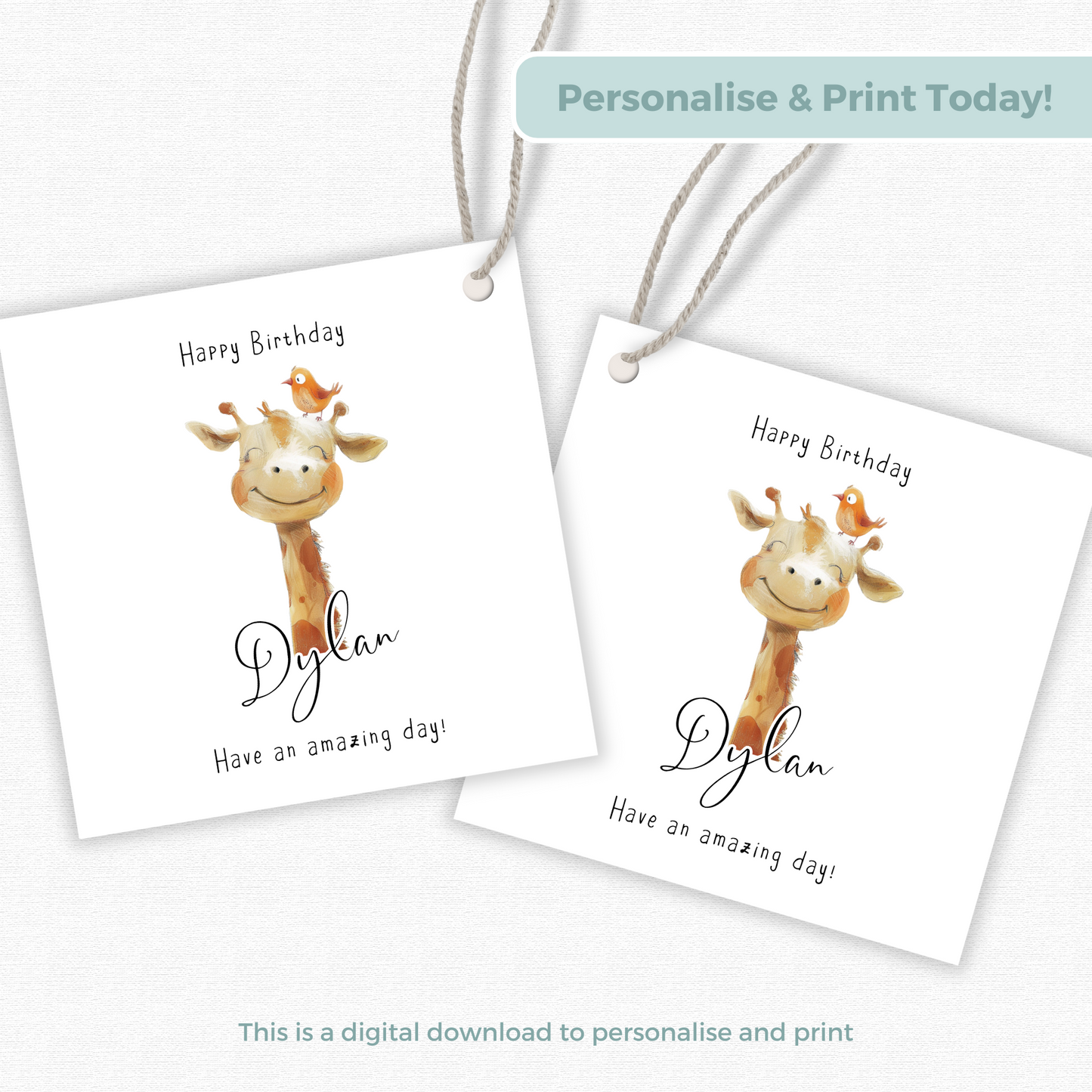 Editable Giraffe Birthday Gift Tag