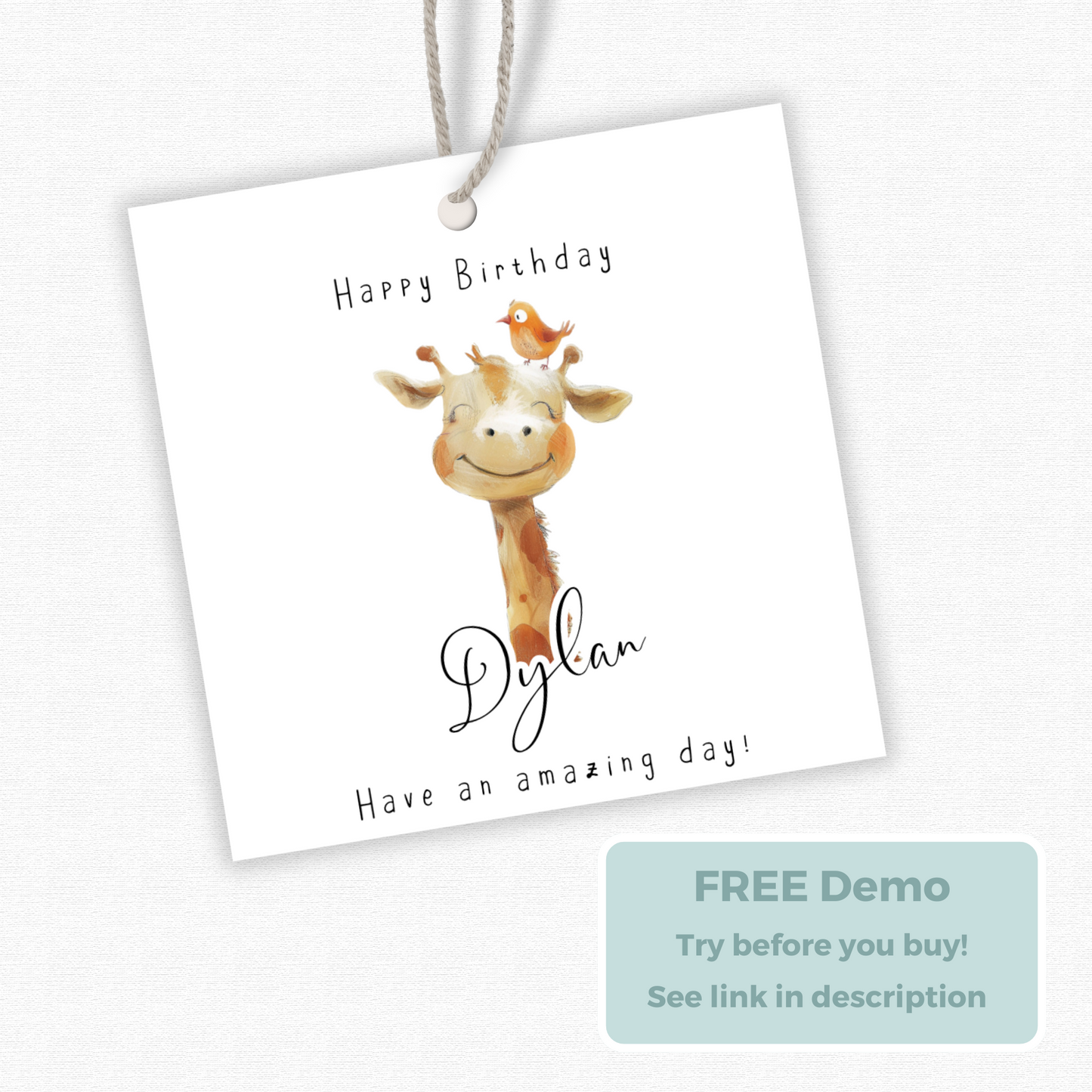 Editable Giraffe Birthday Gift Tag