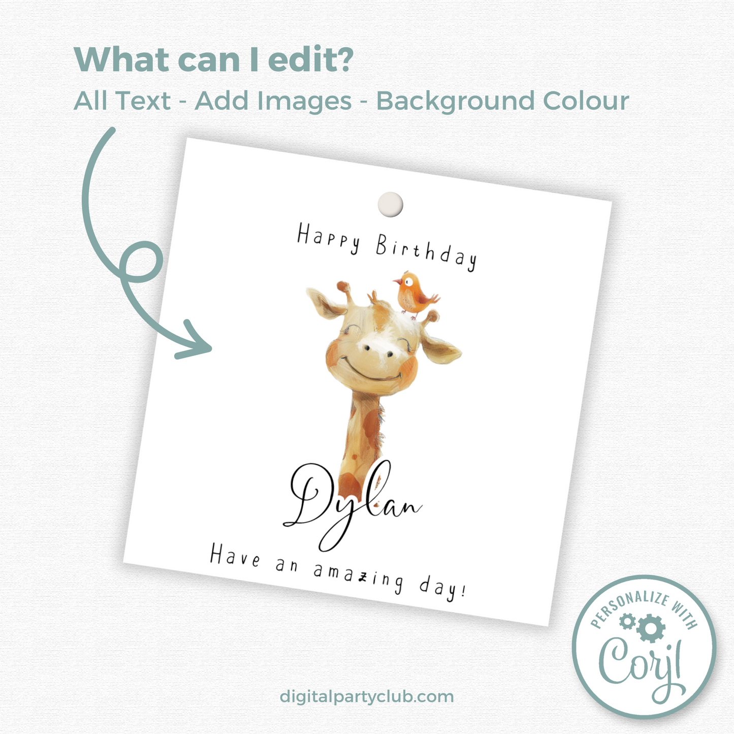 Editable Giraffe Birthday Gift Tag