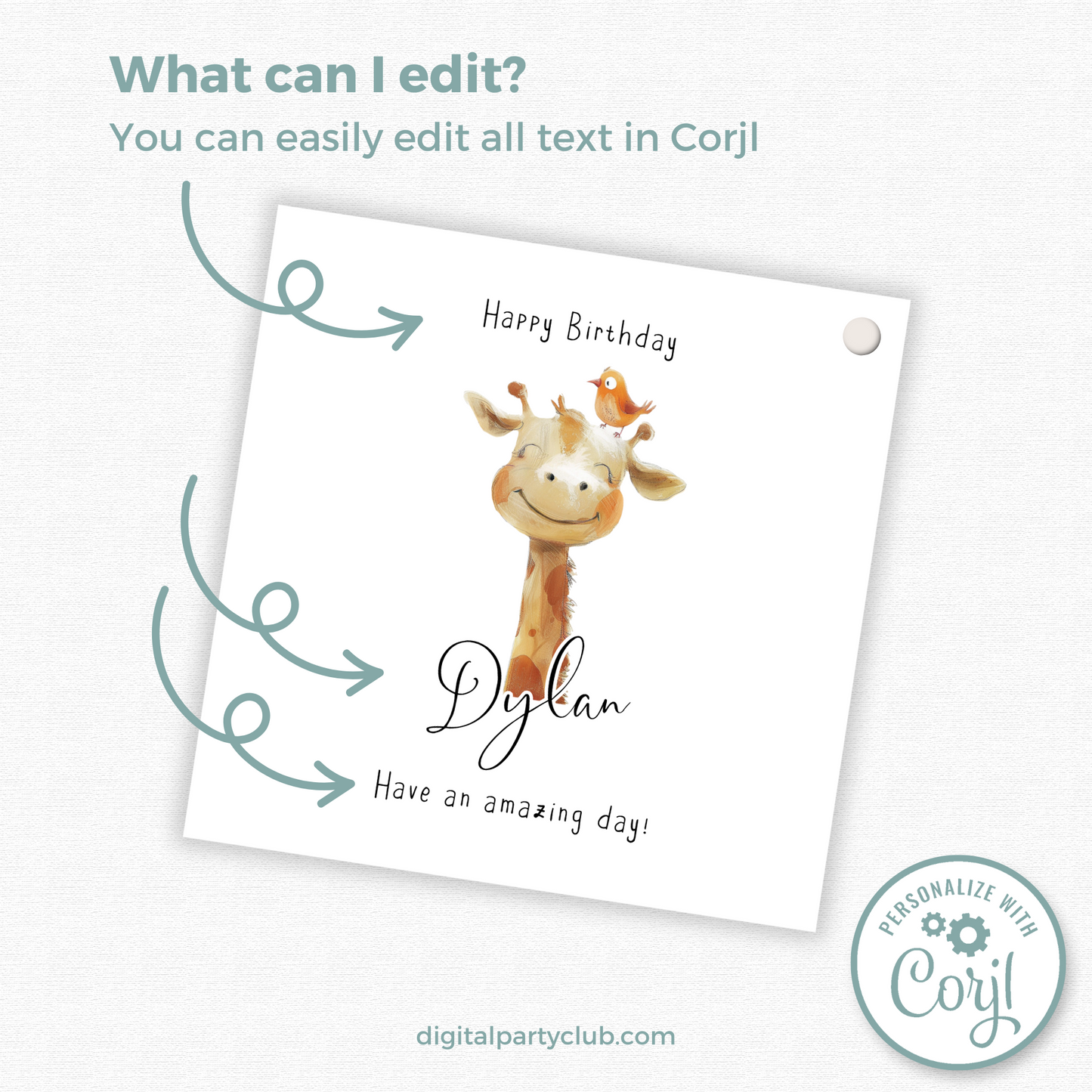 Editable Giraffe Birthday Gift Tag