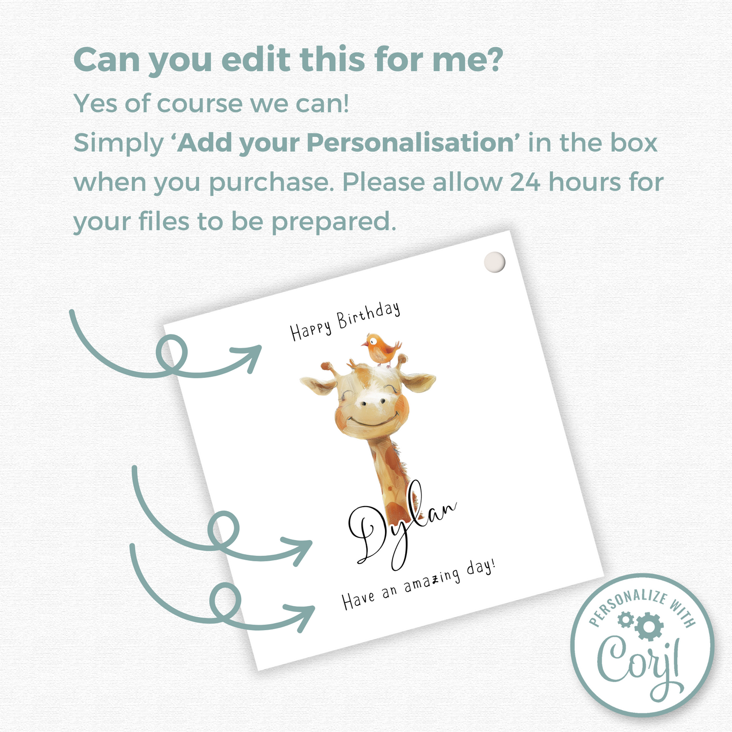 Editable Giraffe Birthday Gift Tag