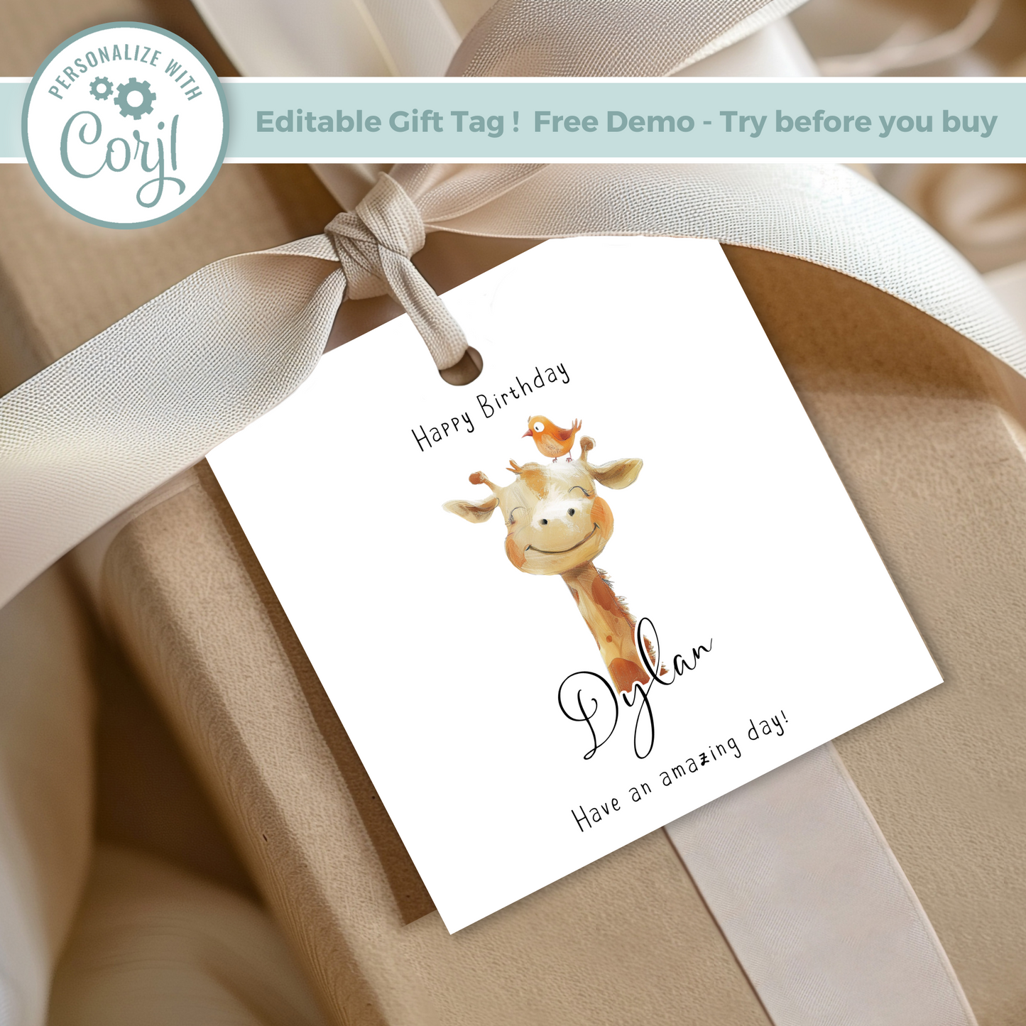 Editable Giraffe Birthday Gift Tag