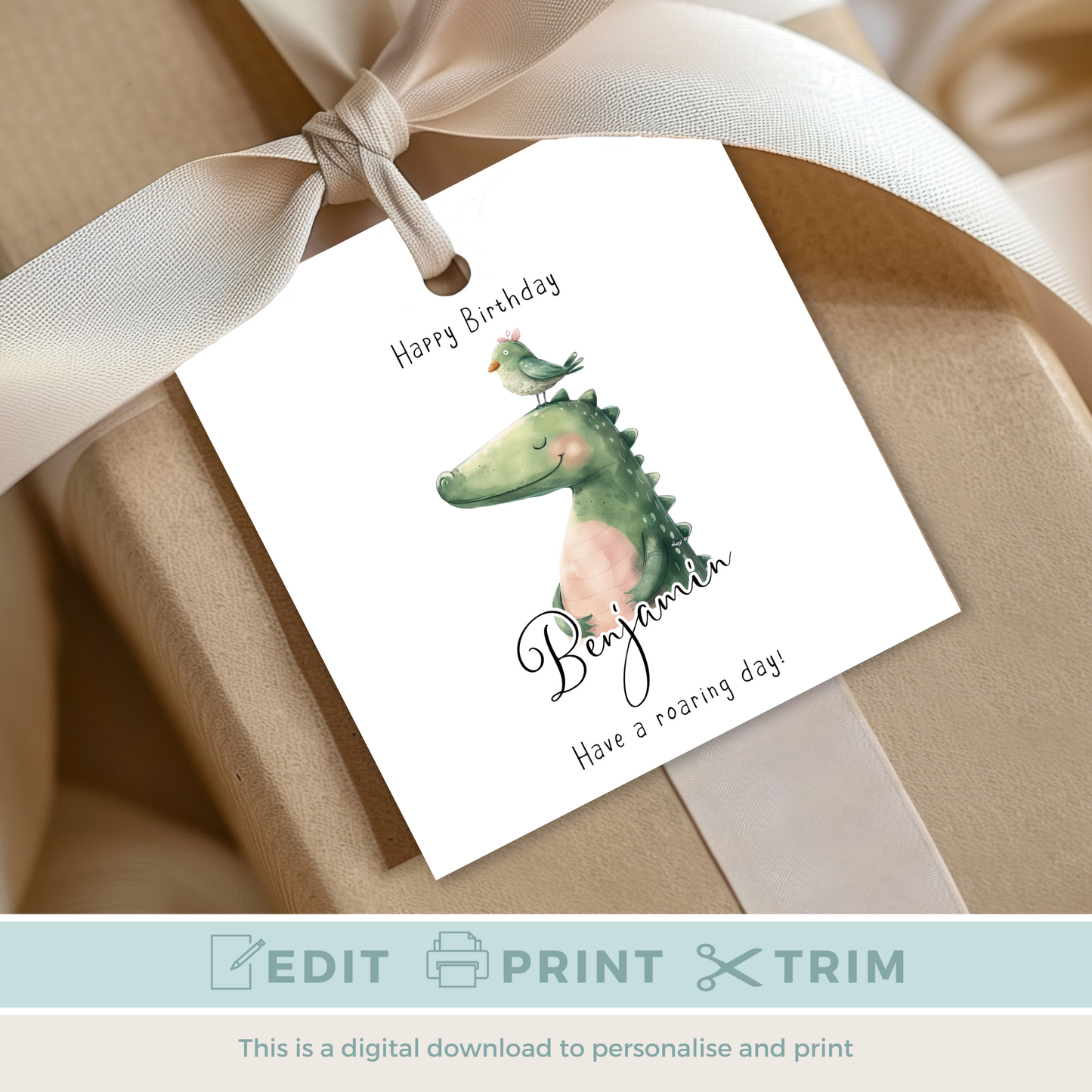 Editable Dinosaur Birthday Gift Tag