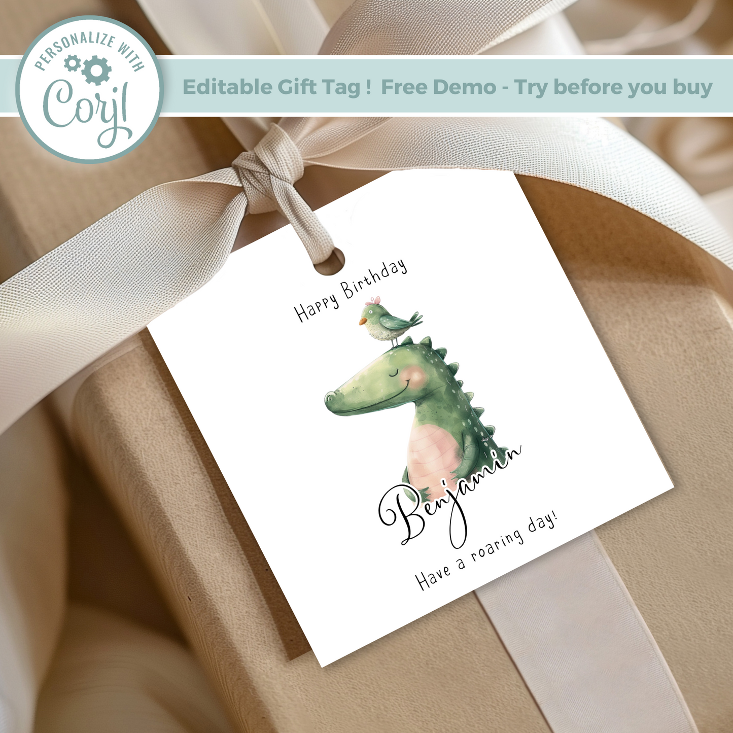 Editable Dinosaur Birthday Gift Tag