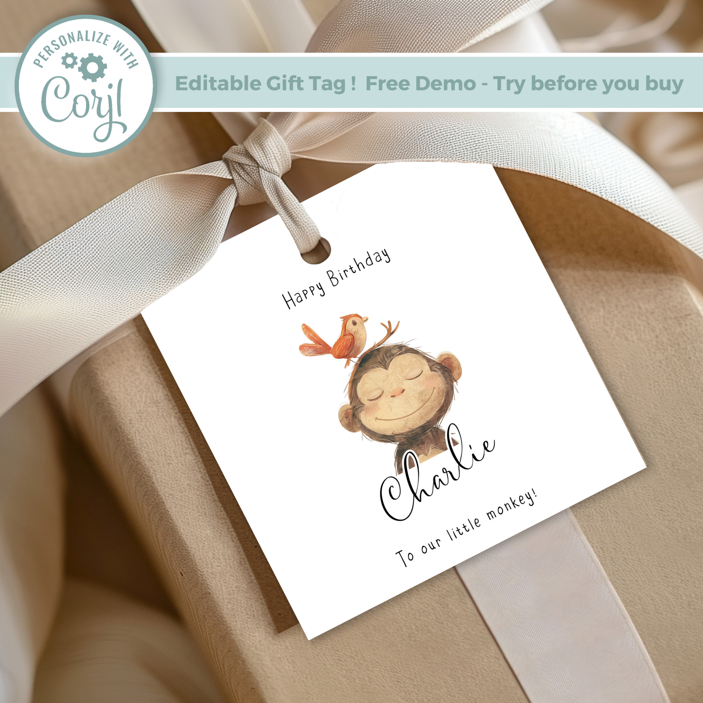 Editable Cheeky Monkey Birthday Gift Tag