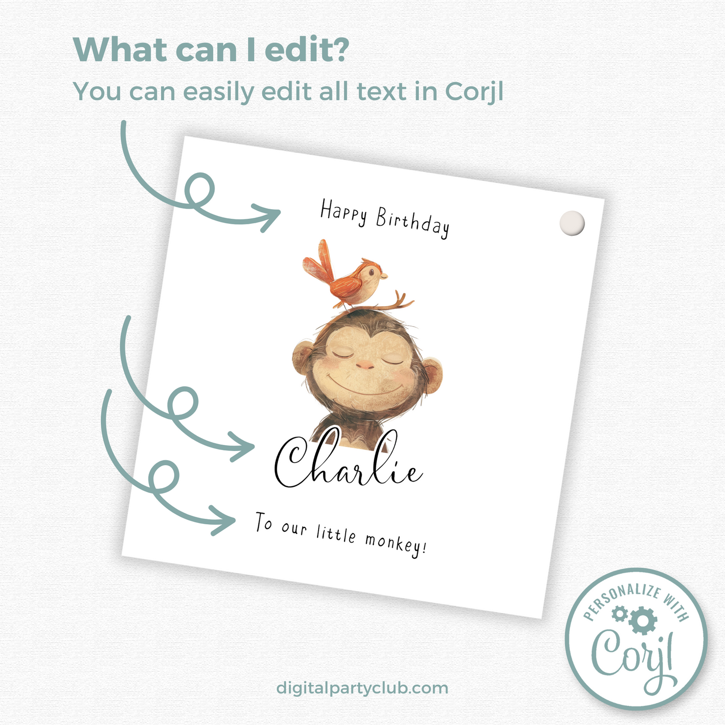 Editable Cheeky Monkey Birthday Gift Tag