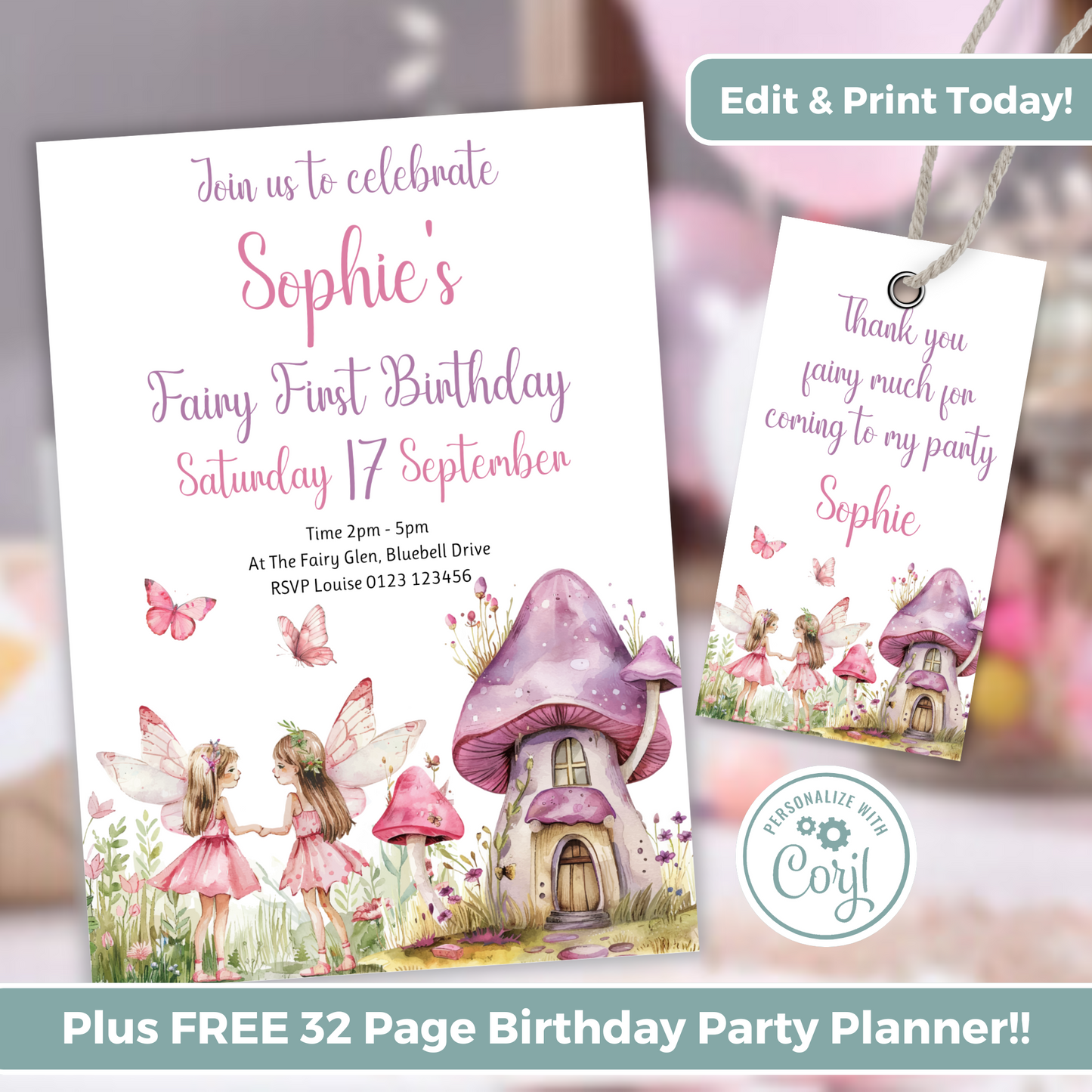 Editable Birthday Invitation and FREE Thank You Tag - Fairy First Birthday