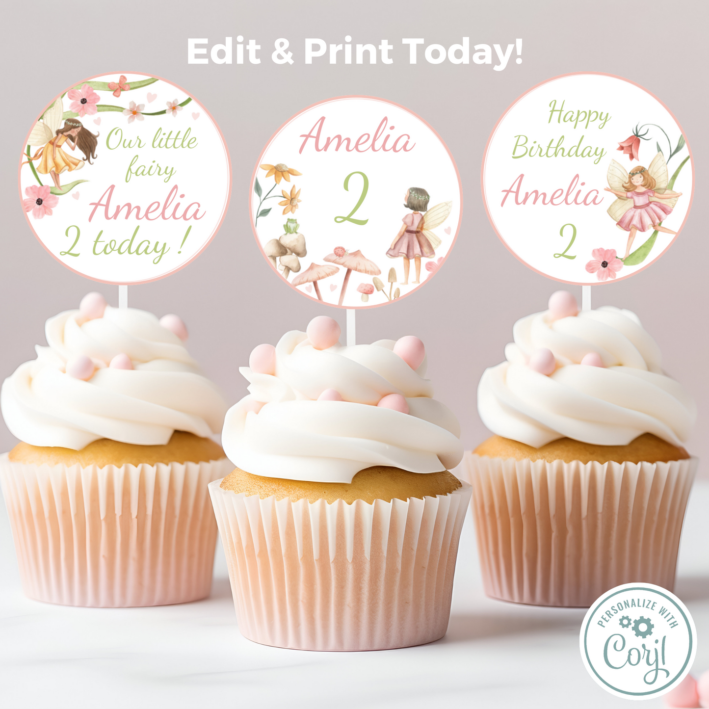 Editable Birthday Cupcake Toppers - Fairy