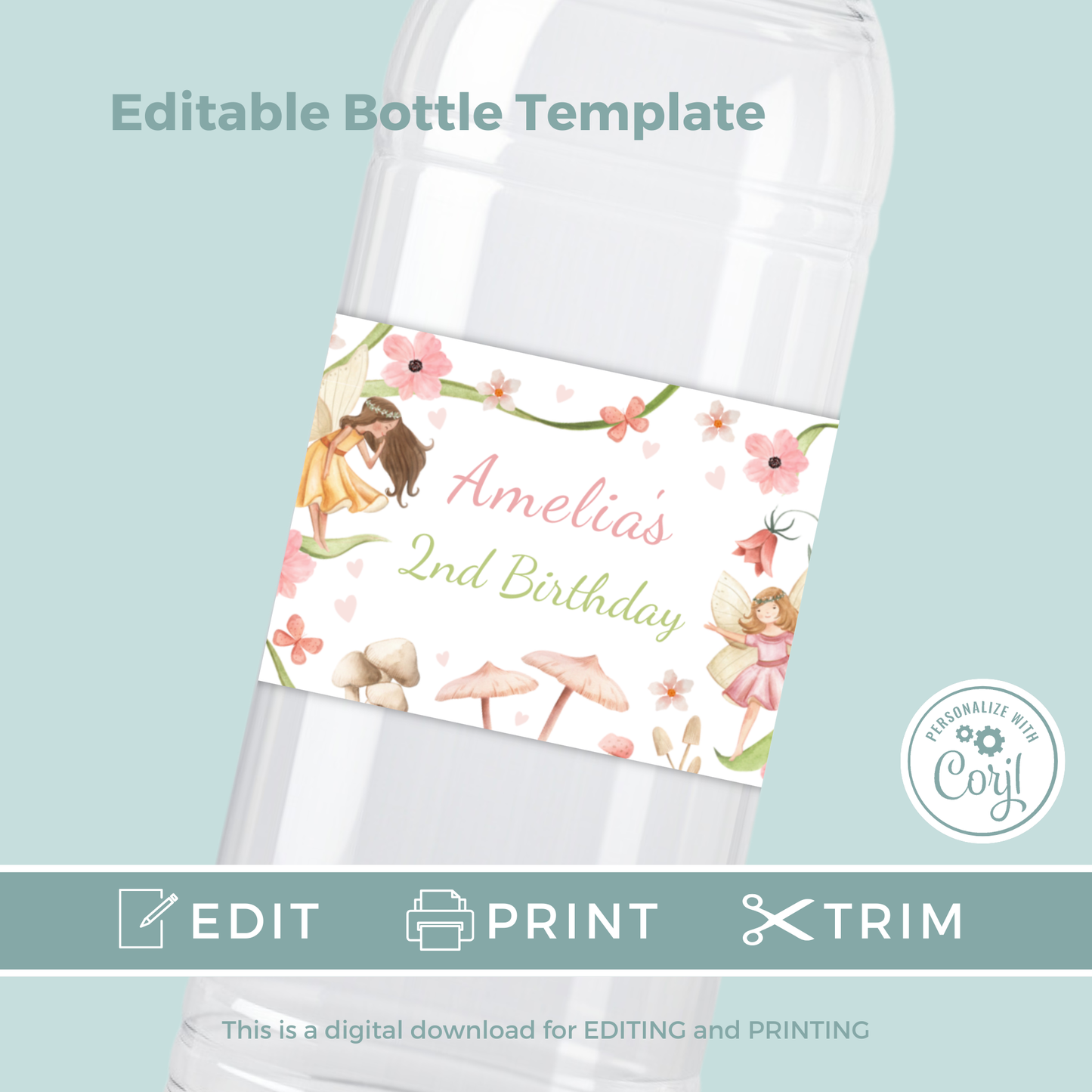 Editable Birthday Water Bottle Label - Fairy