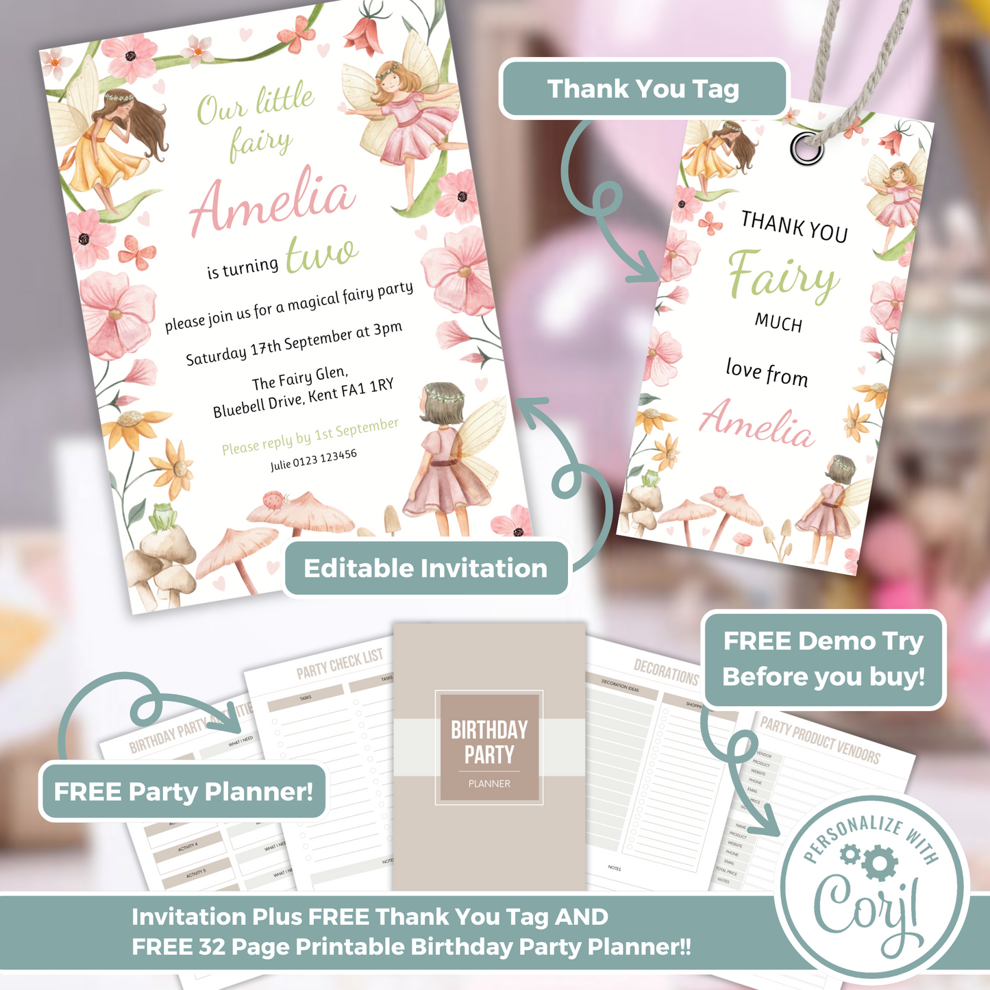Editable Birthday Invitation and FREE Thank You Tag - Fairy