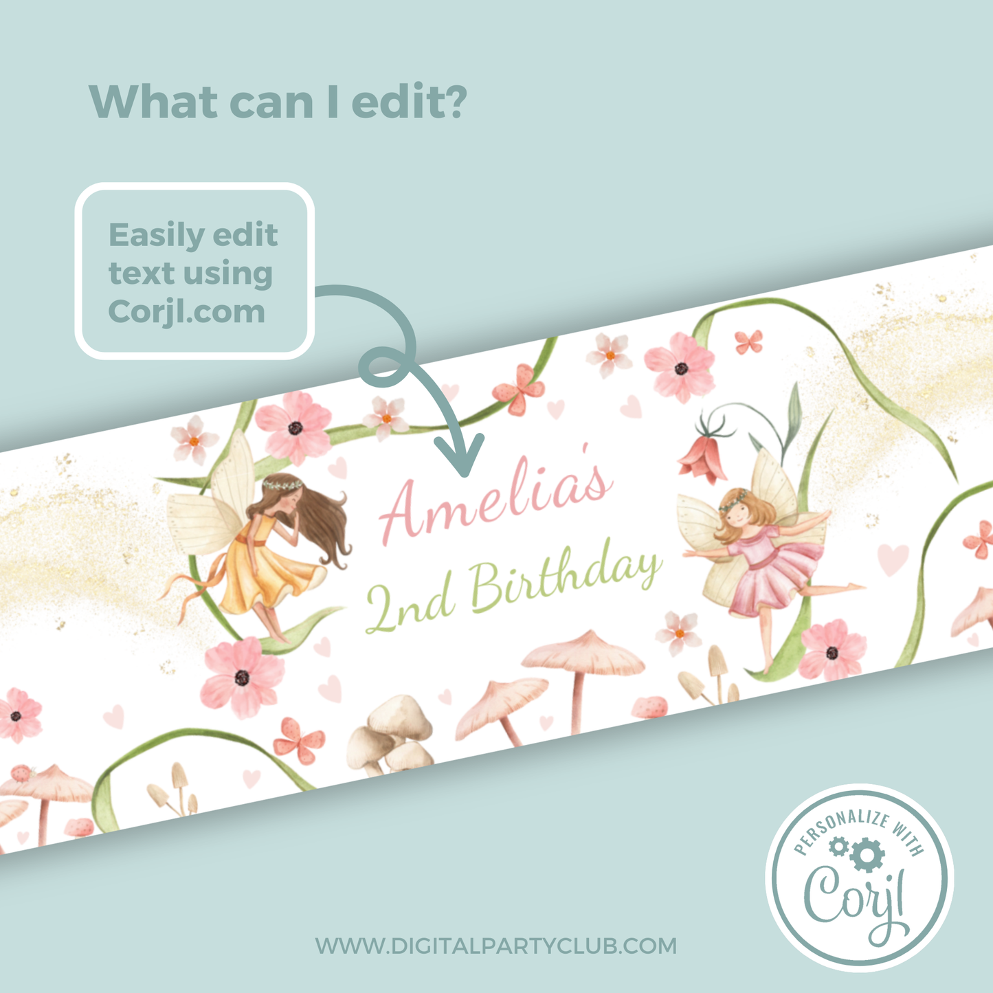 Editable Birthday Water Bottle Label - Fairy