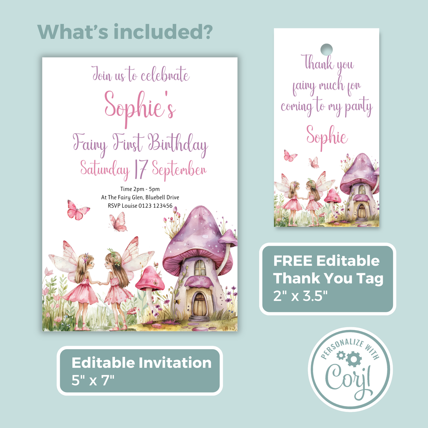 Editable Birthday Invitation and FREE Thank You Tag - Fairy First Birthday