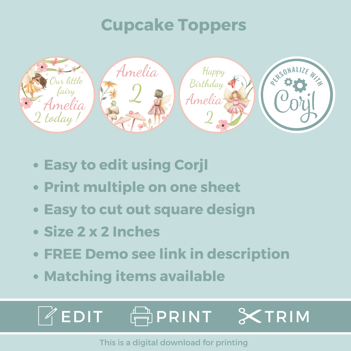 Editable Birthday Cupcake Toppers - Fairy