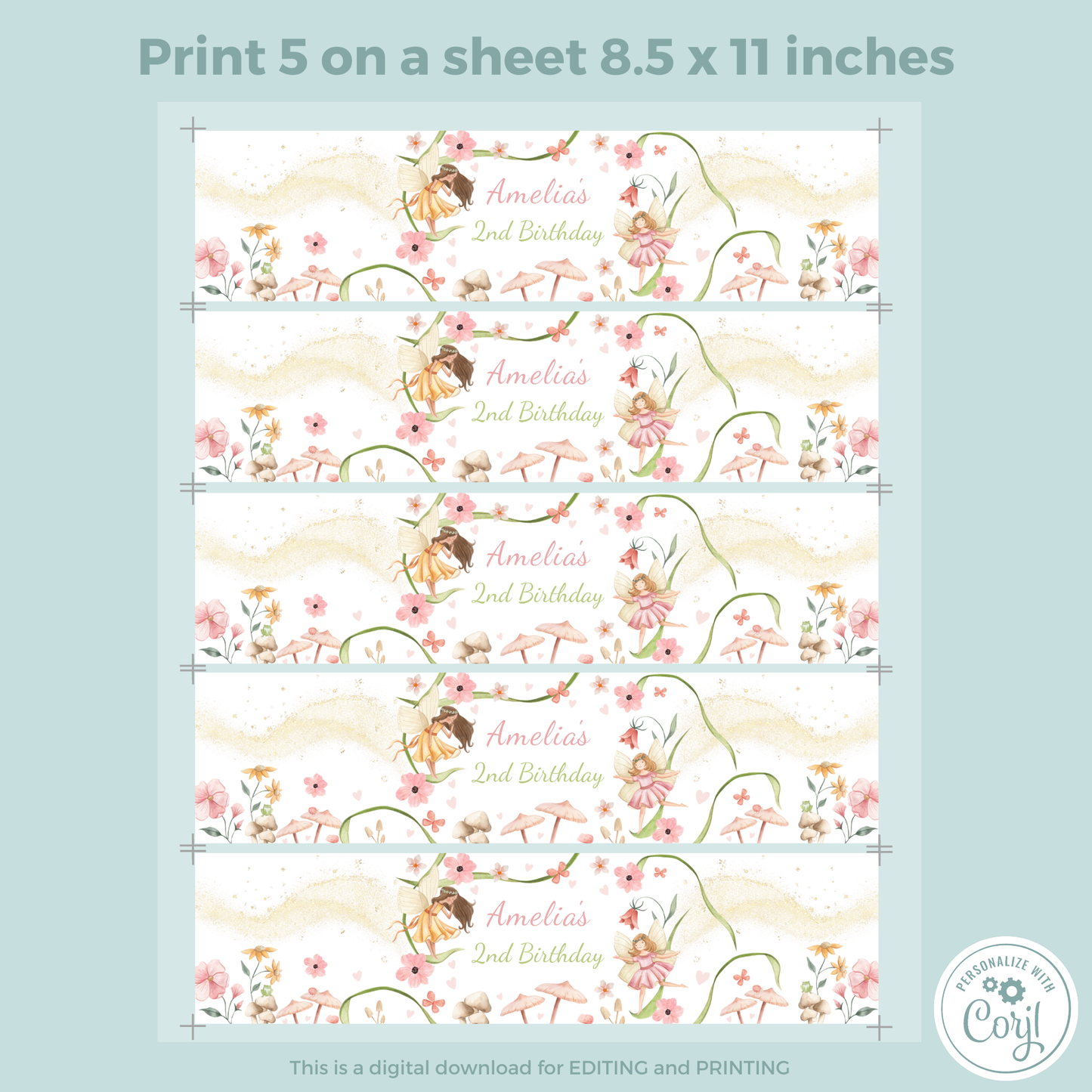 Editable Birthday Water Bottle Label - Fairy