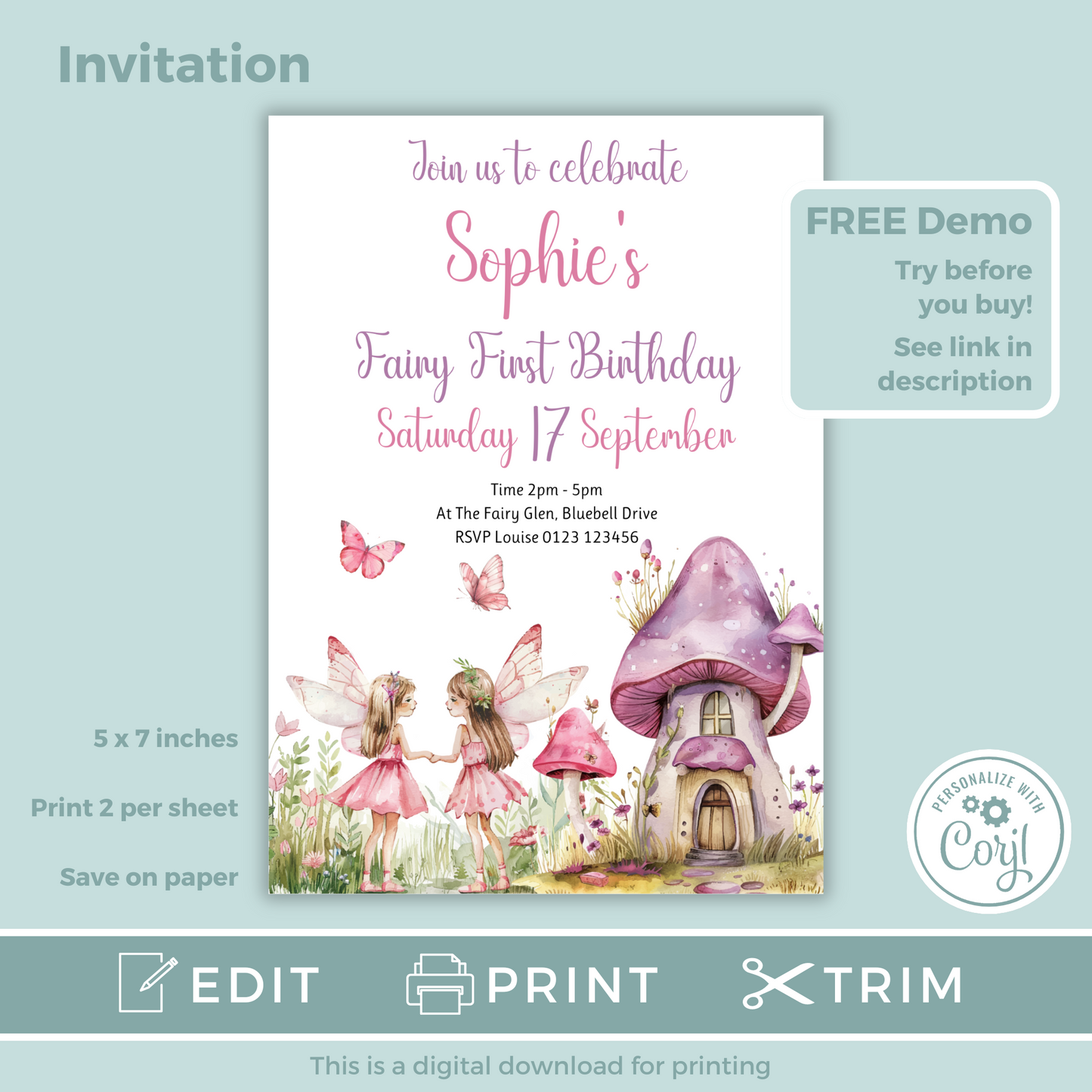 Editable Birthday Invitation and FREE Thank You Tag - Fairy First Birthday