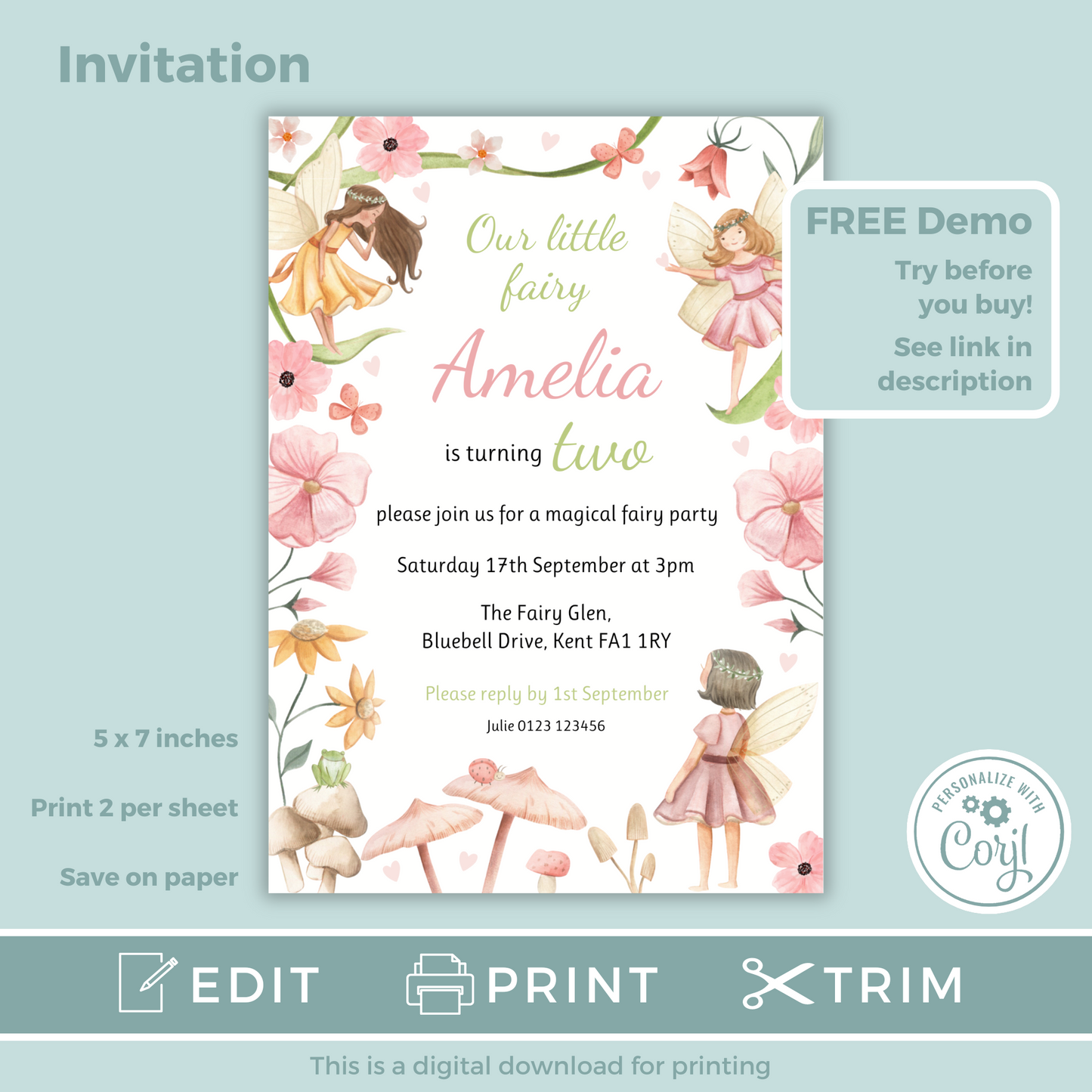Editable Birthday Invitation and FREE Thank You Tag - Fairy