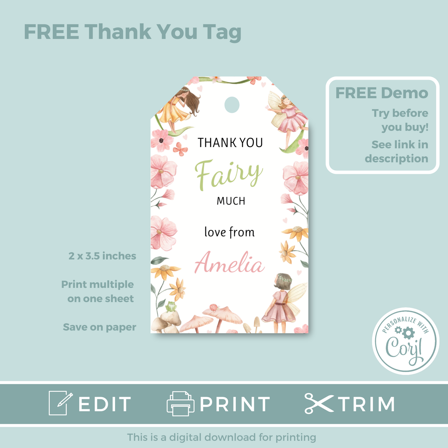 Editable Birthday Invitation and FREE Thank You Tag - Fairy