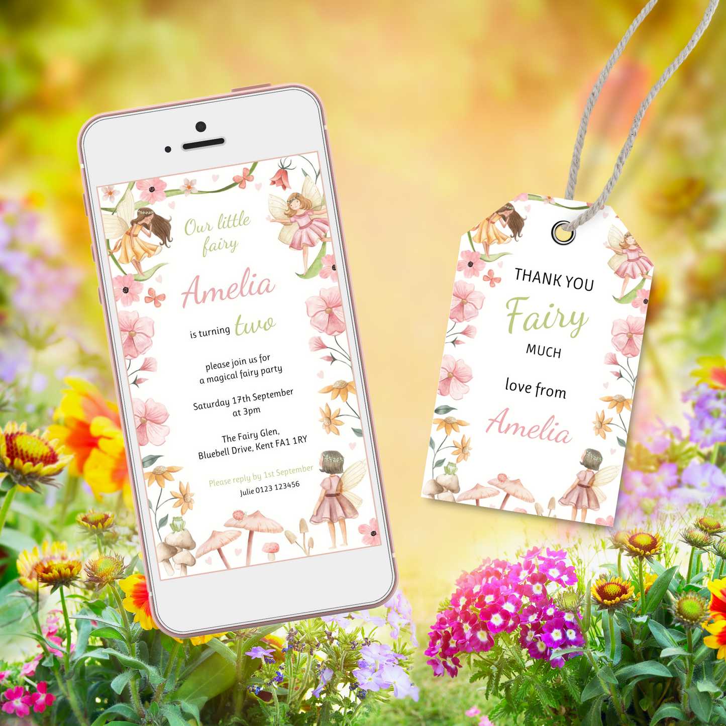 Editable Phone Birthday Invitation and FREE Thank You Tag - Fairy
