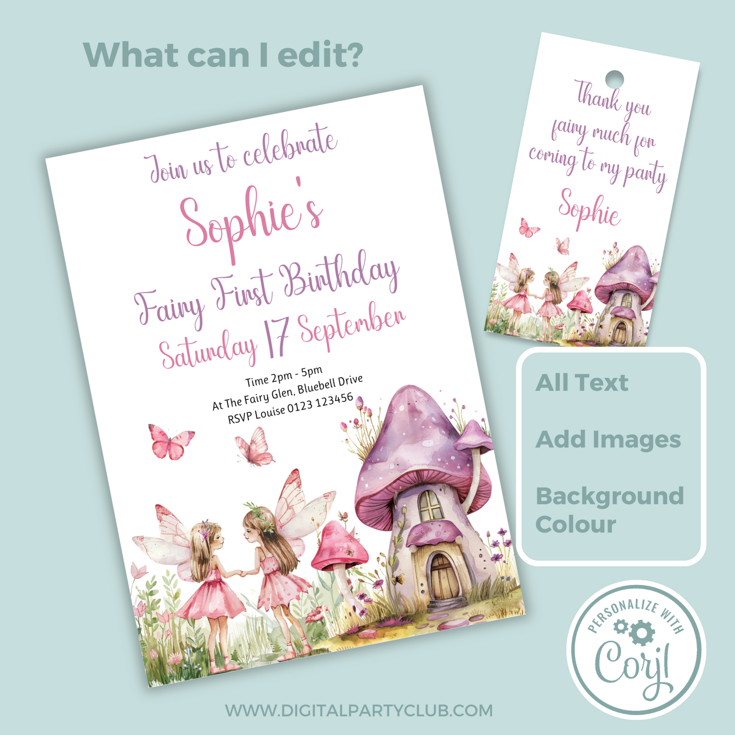 Editable Birthday Invitation and FREE Thank You Tag - Fairy First Birthday