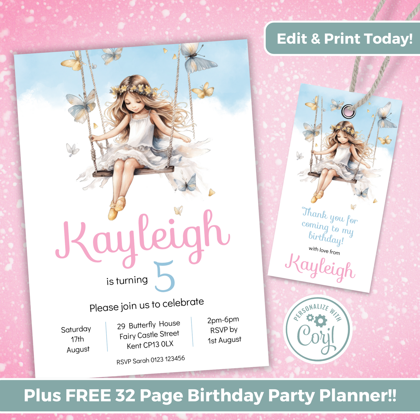 Editable Birthday Invitation and FREE Thank You Tag - Fairy Princess