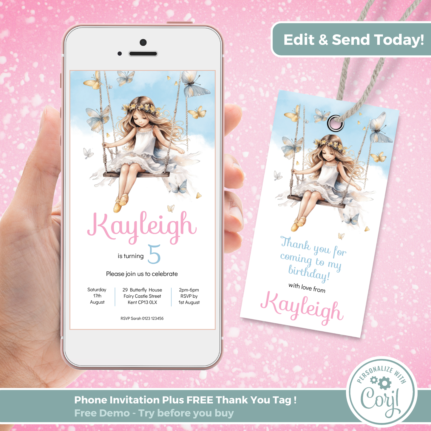 Editable Evite Birthday Invitation and FREE Thank You Tag - Fairy Princess