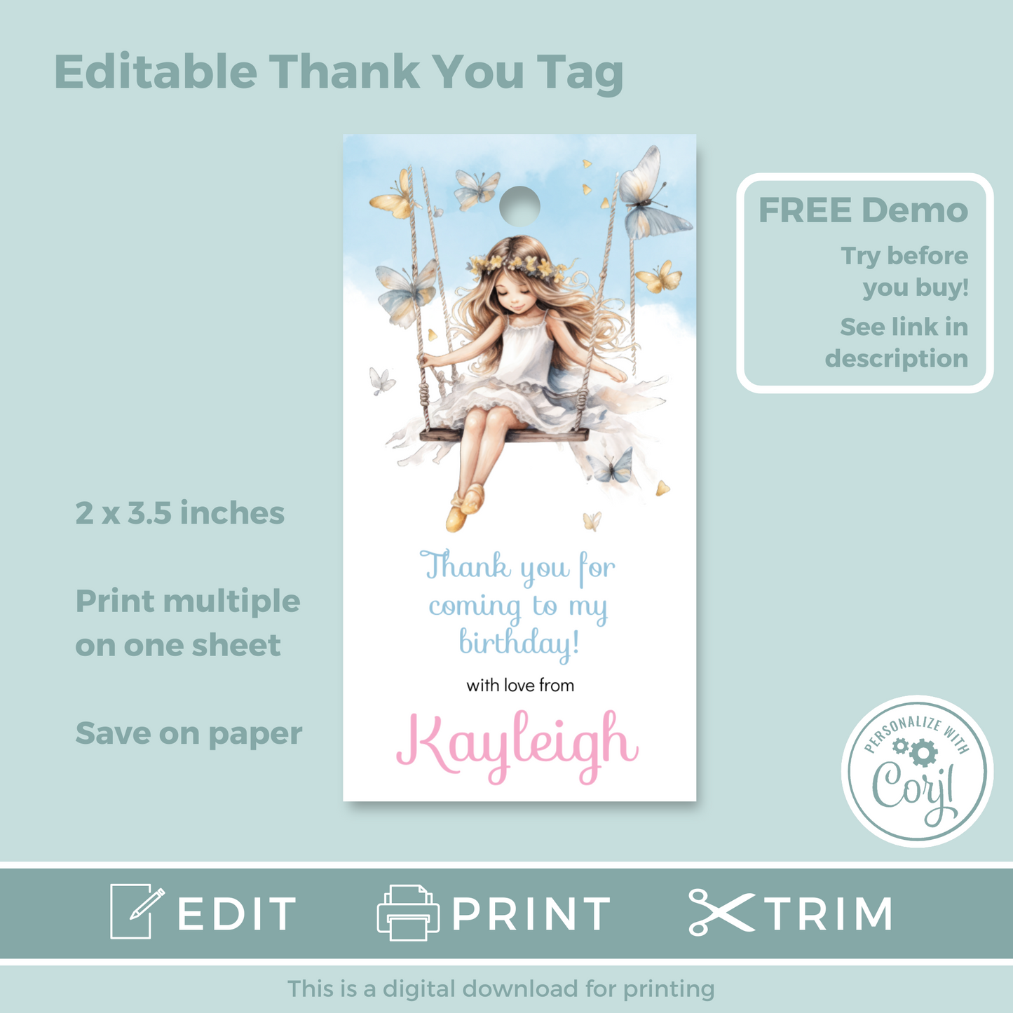 Editable Birthday Thank You Tag - Fairy Princess