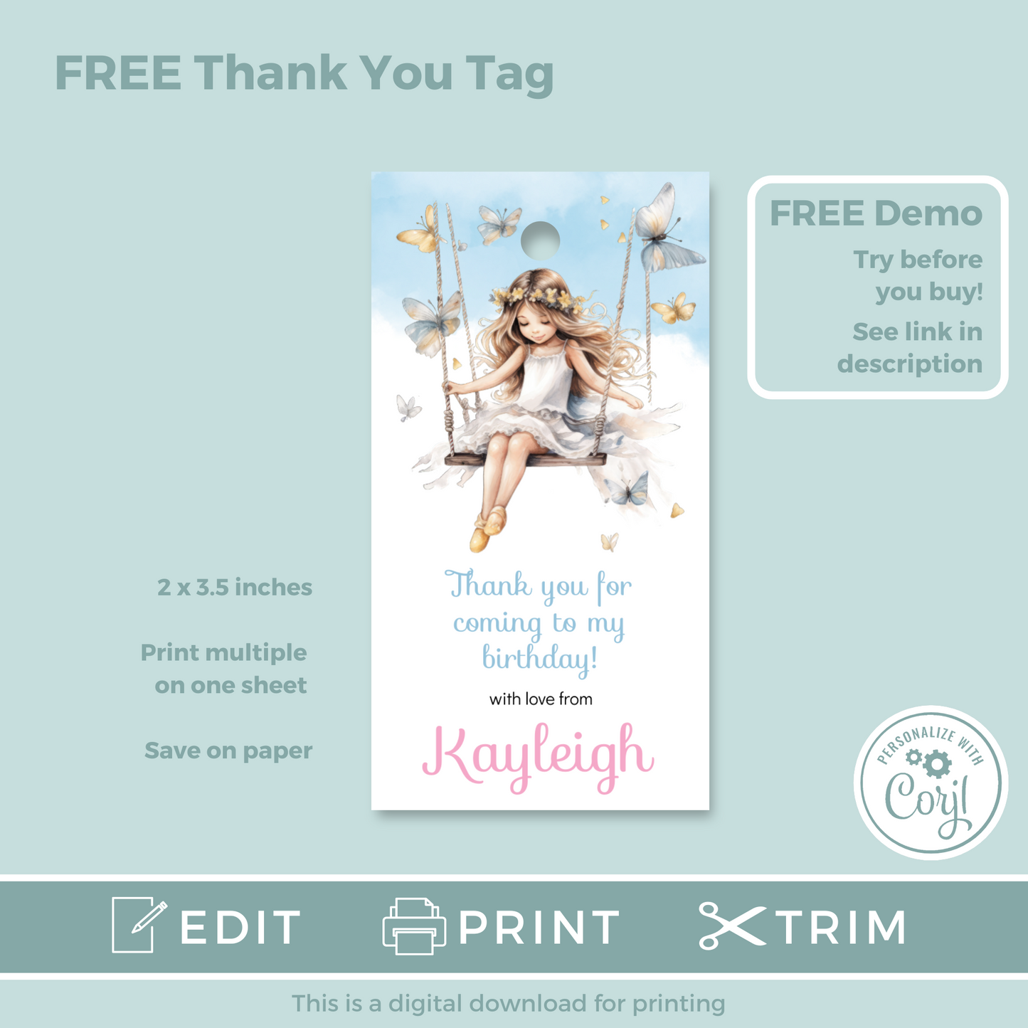 Editable Birthday Invitation and FREE Thank You Tag - Fairy Princess