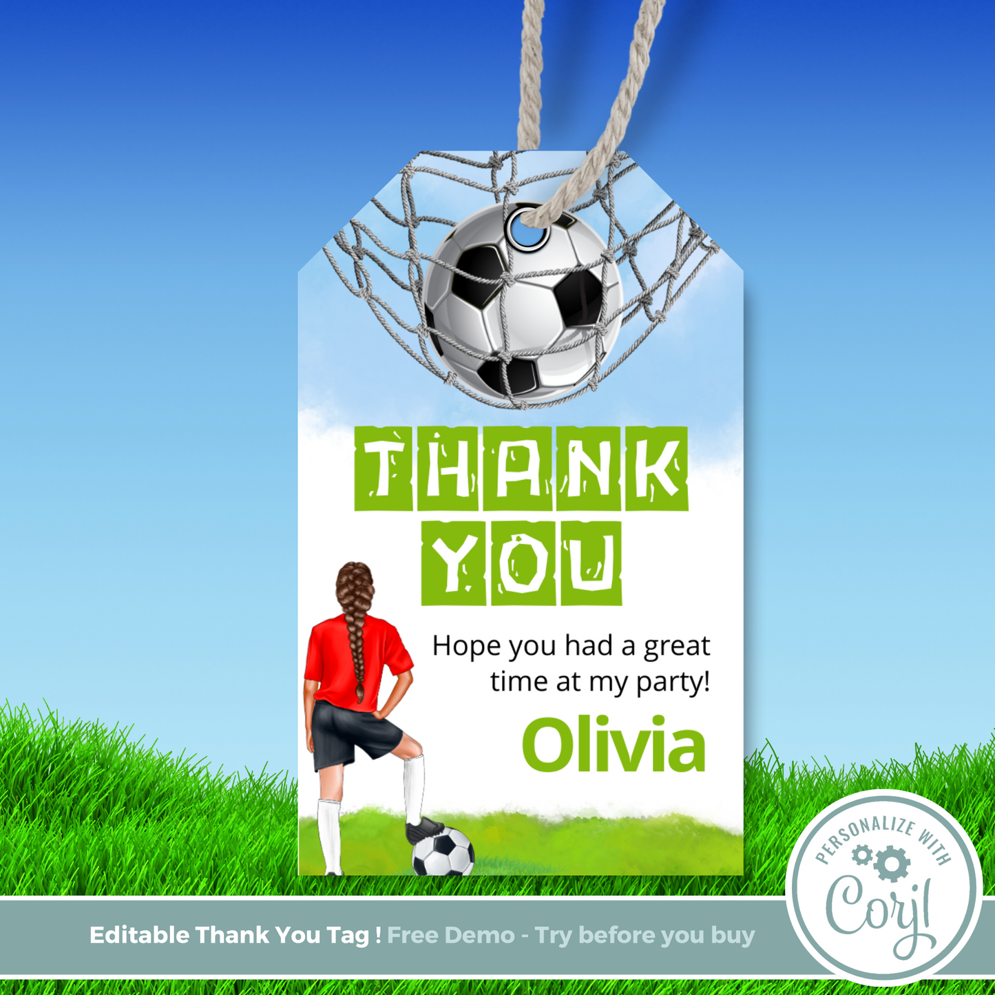 Editable Birthday Thank You Tag - Football Girl Red