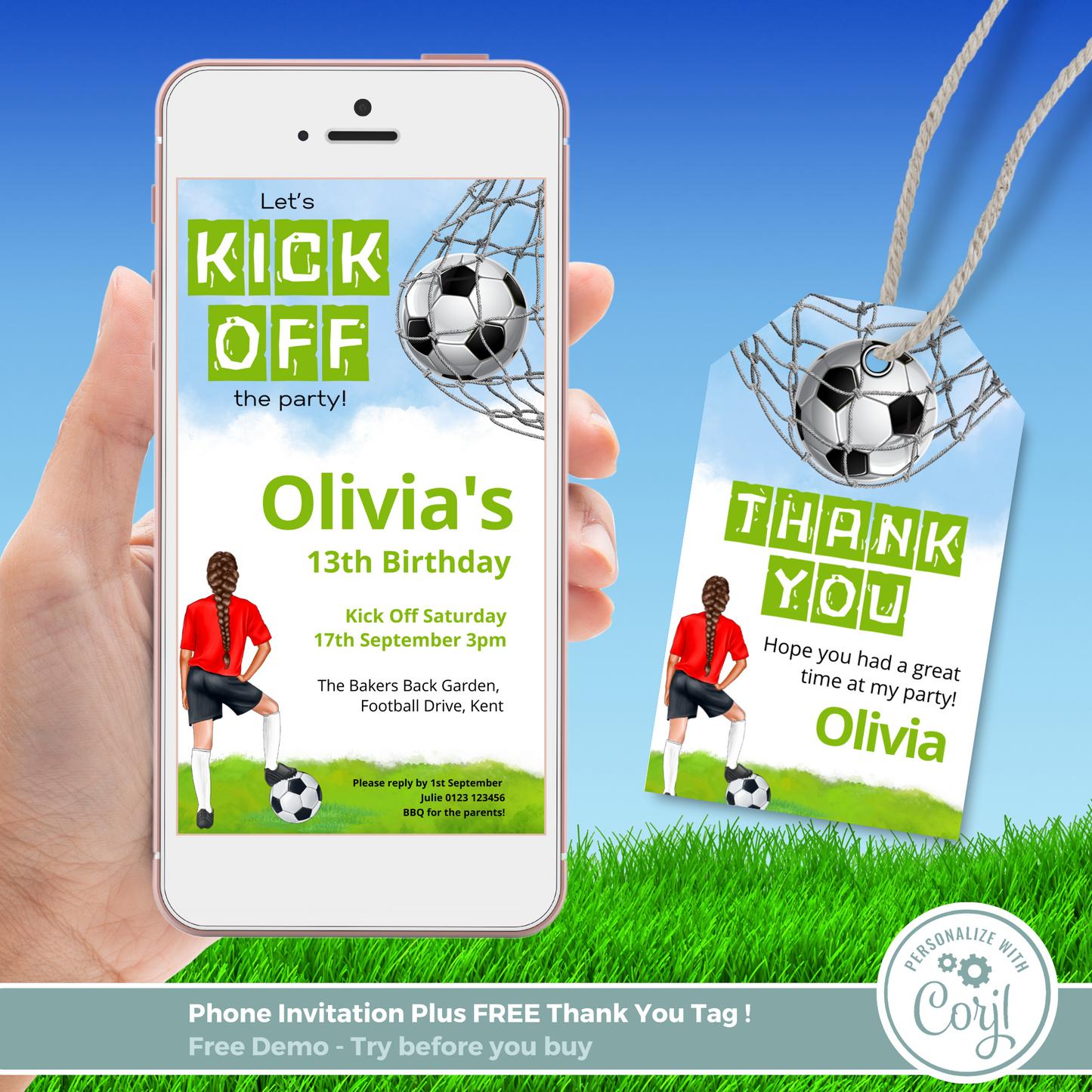 Editable Phone Birthday Invitation and FREE Thank You Tag - Football Girl Red