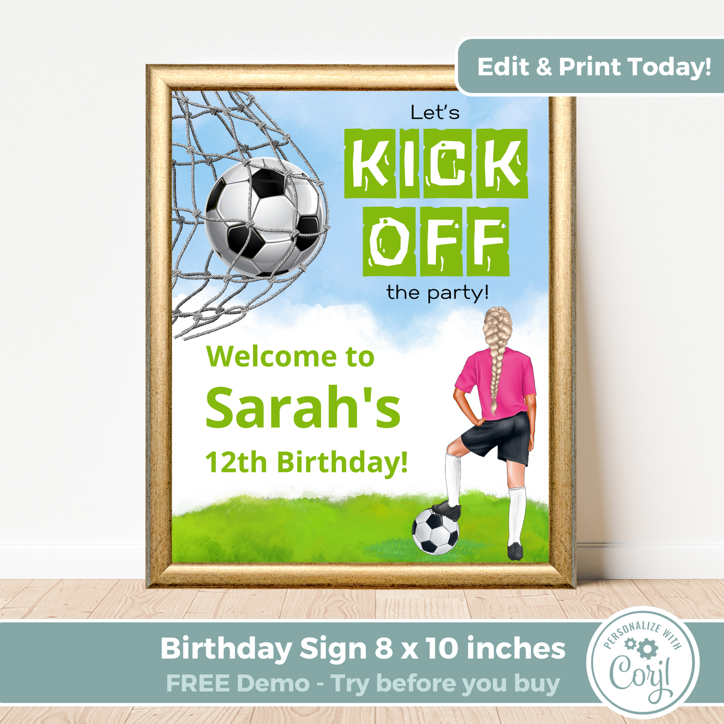Editable Birthday Welcome Sign - Football Girl Pink