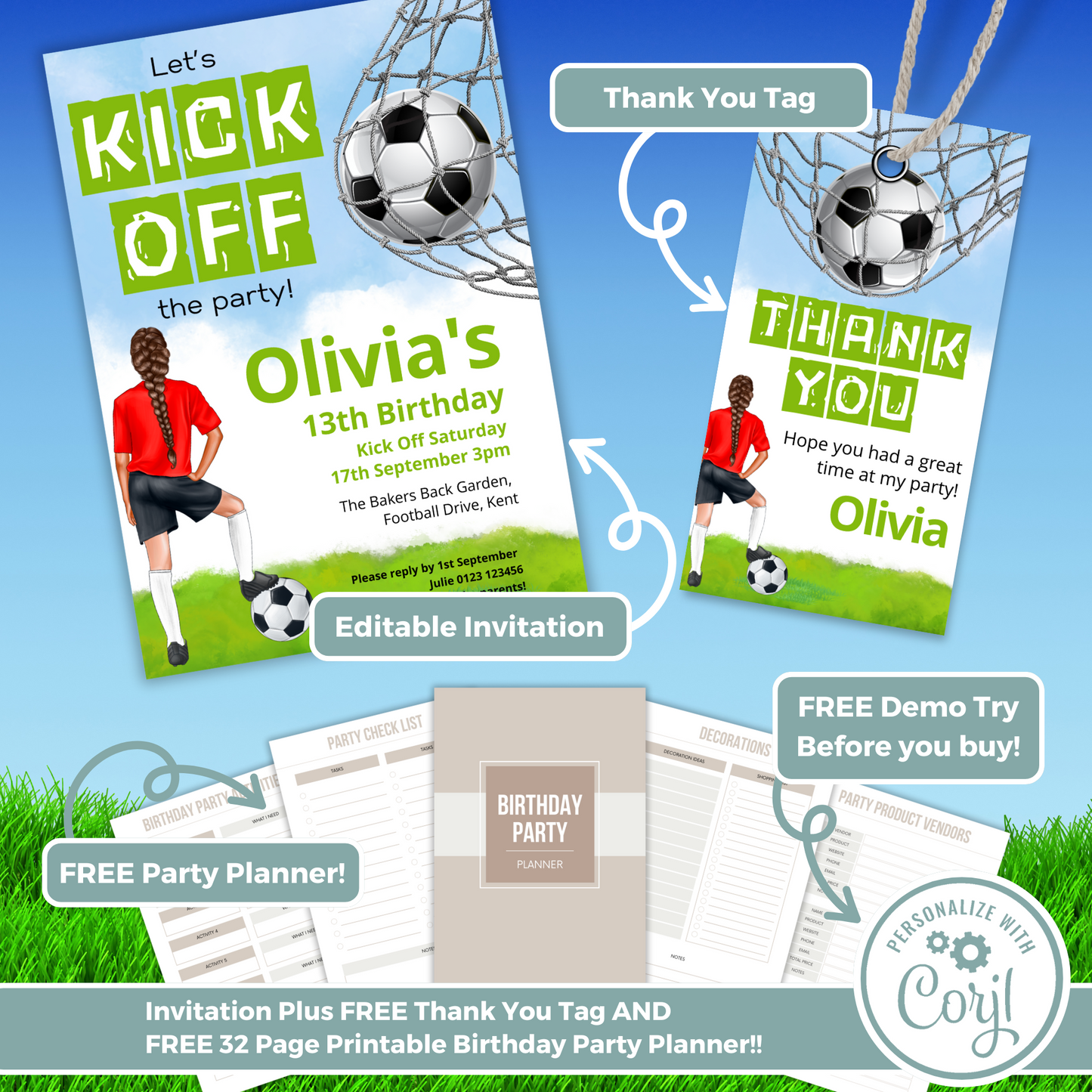 Editable Birthday Invitation and FREE Thank You Tag - Football Girl Red