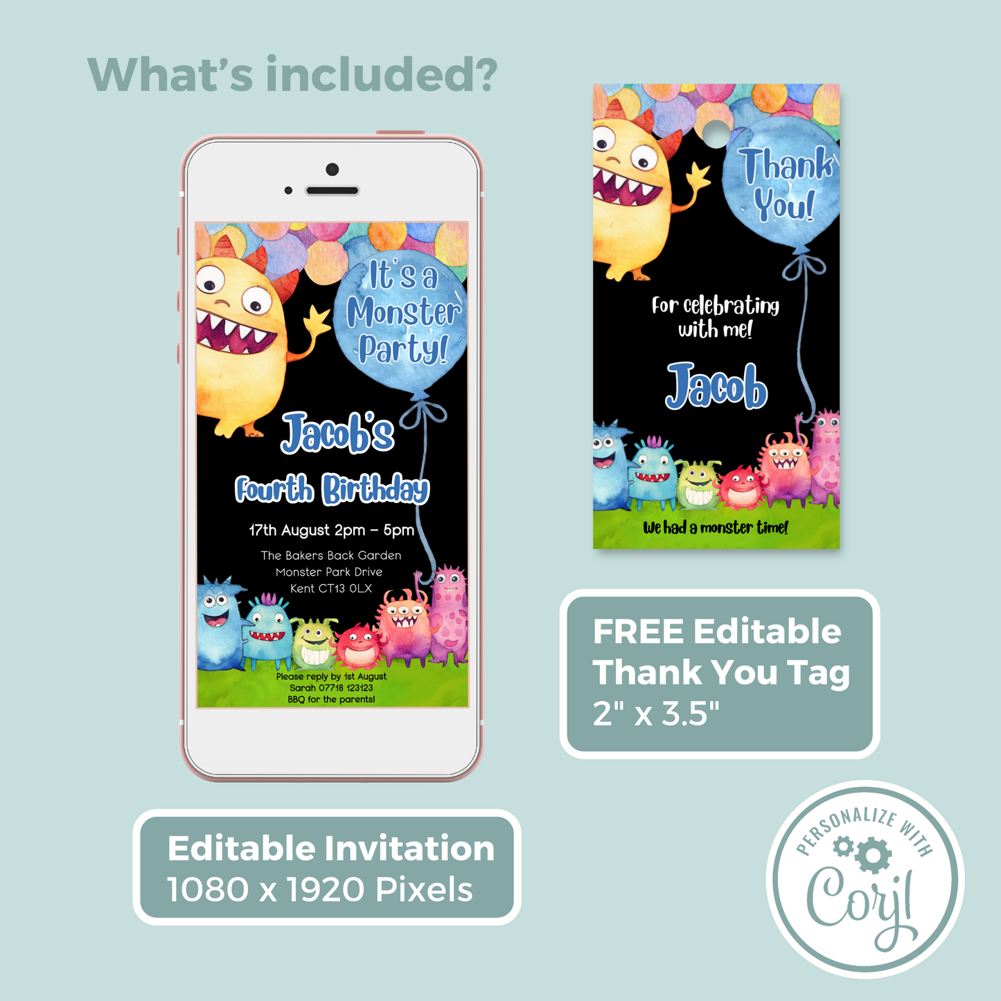 Editable Phone Birthday Invitation and FREE Thank You Tag - Monster