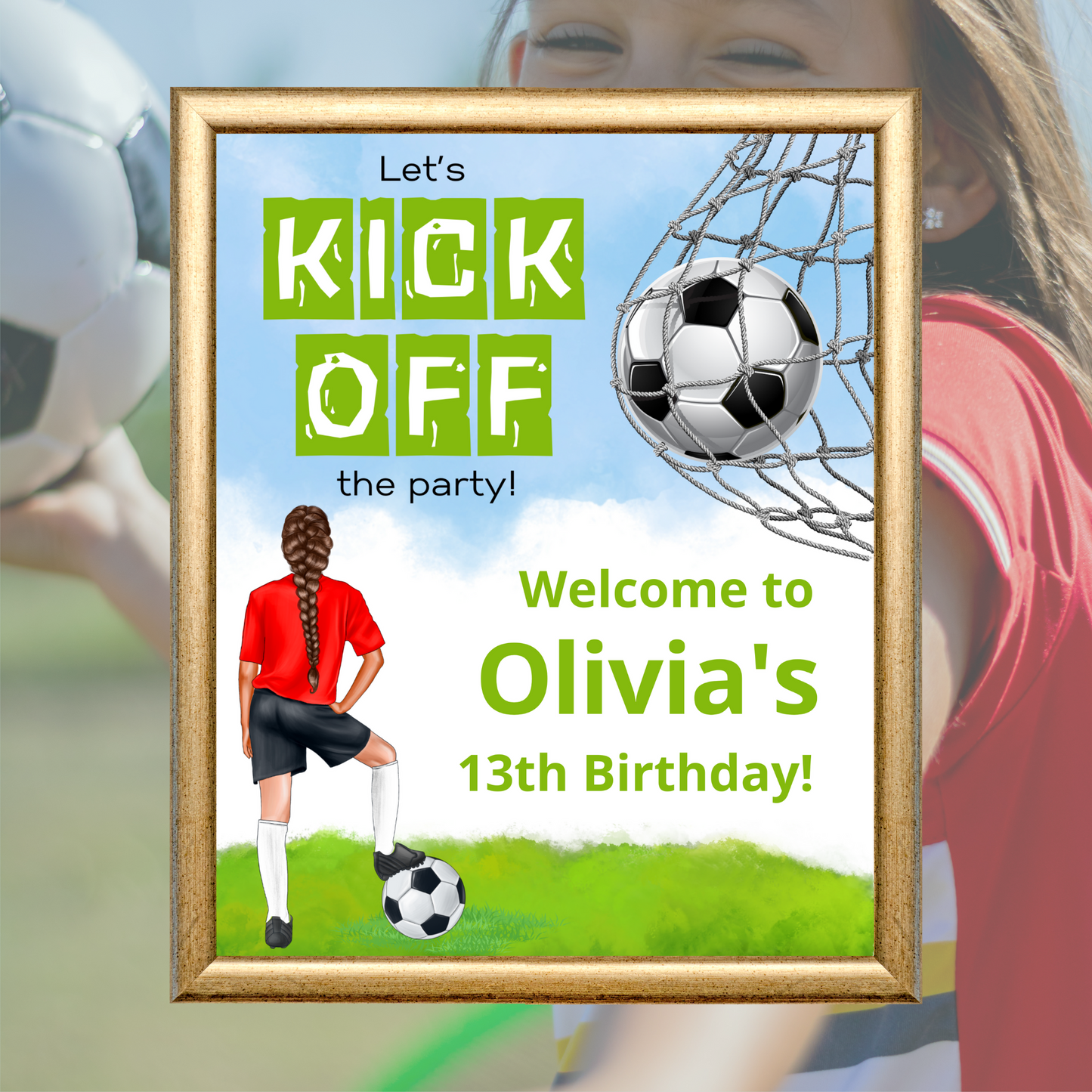Editable Birthday Welcome Sign - Football Girl Red