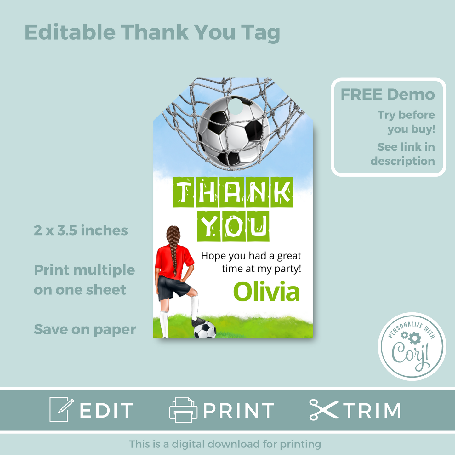Editable Birthday Thank You Tag - Football Girl Red