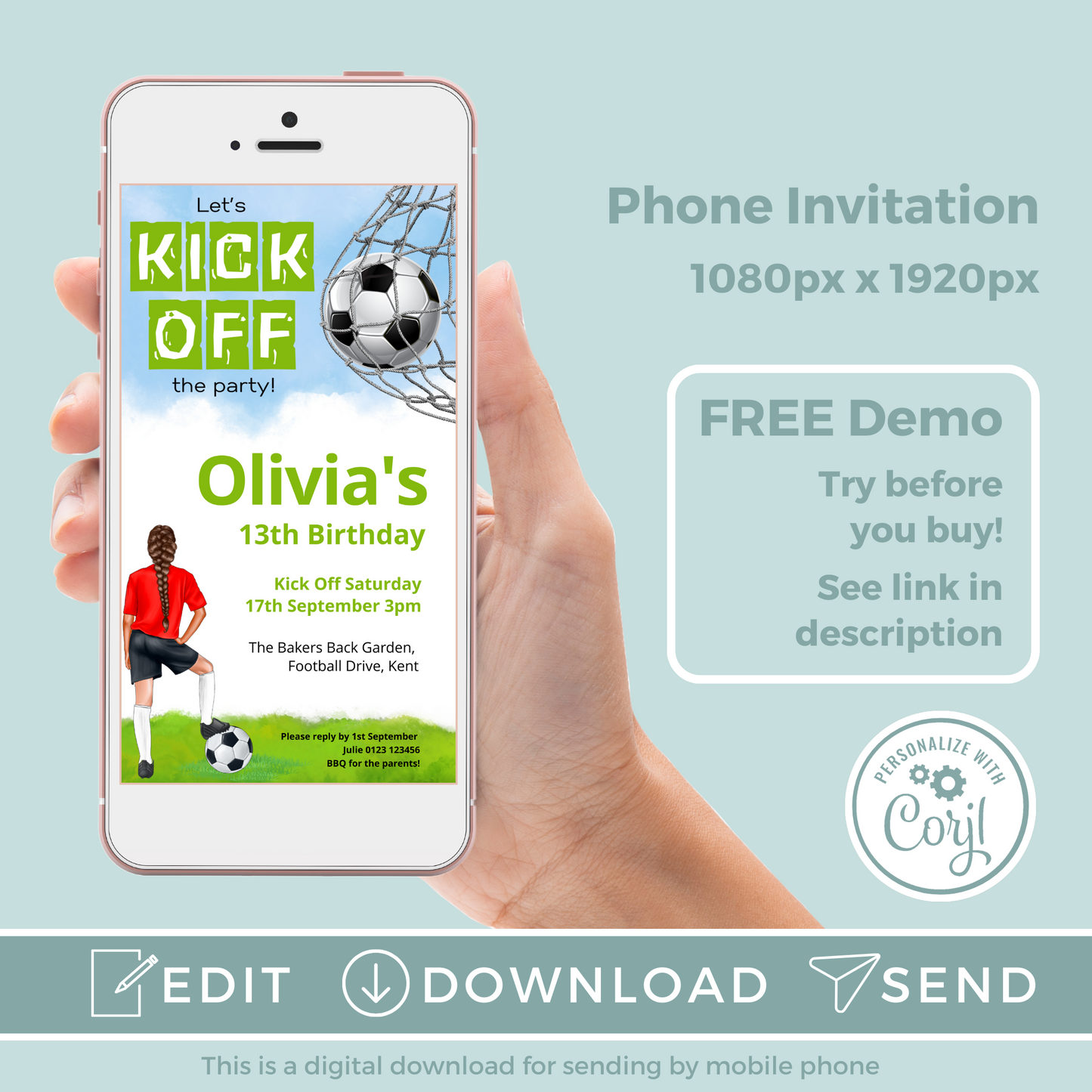 Editable Phone Birthday Invitation and FREE Thank You Tag - Football Girl Red