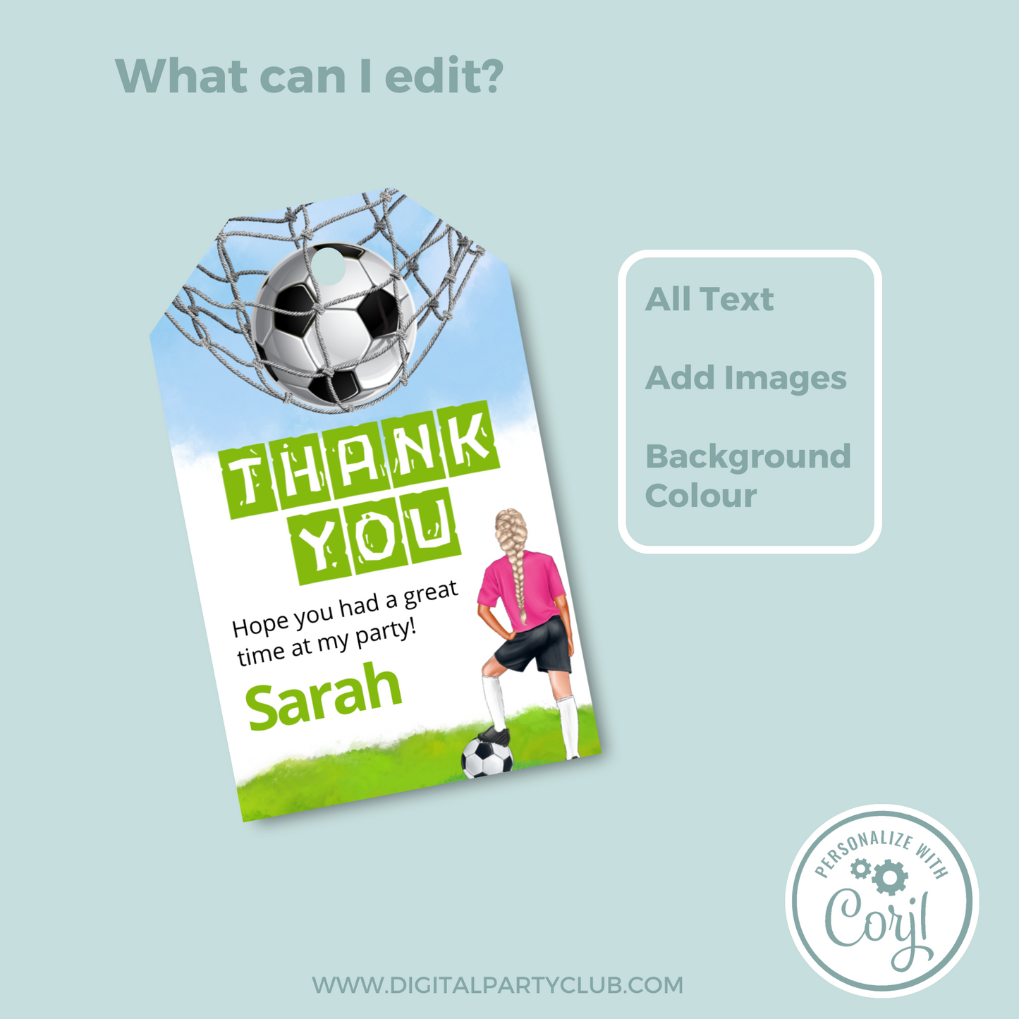 Editable Birthday Thank You Tag - Football Girl Pink