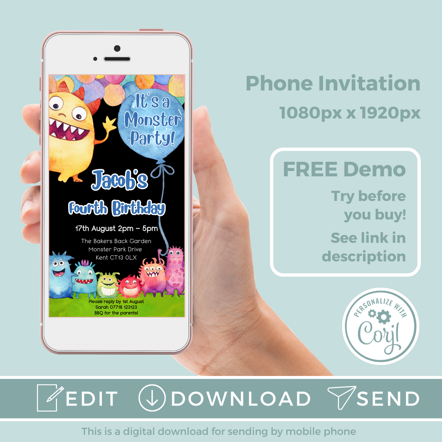 Editable Phone Birthday Invitation and FREE Thank You Tag - Monster
