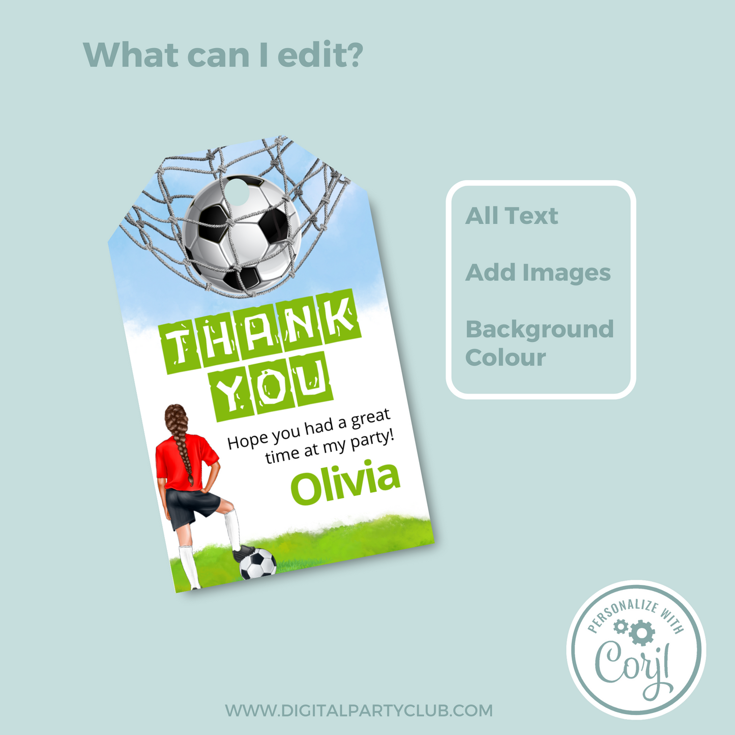 Editable Birthday Thank You Tag - Football Girl Red