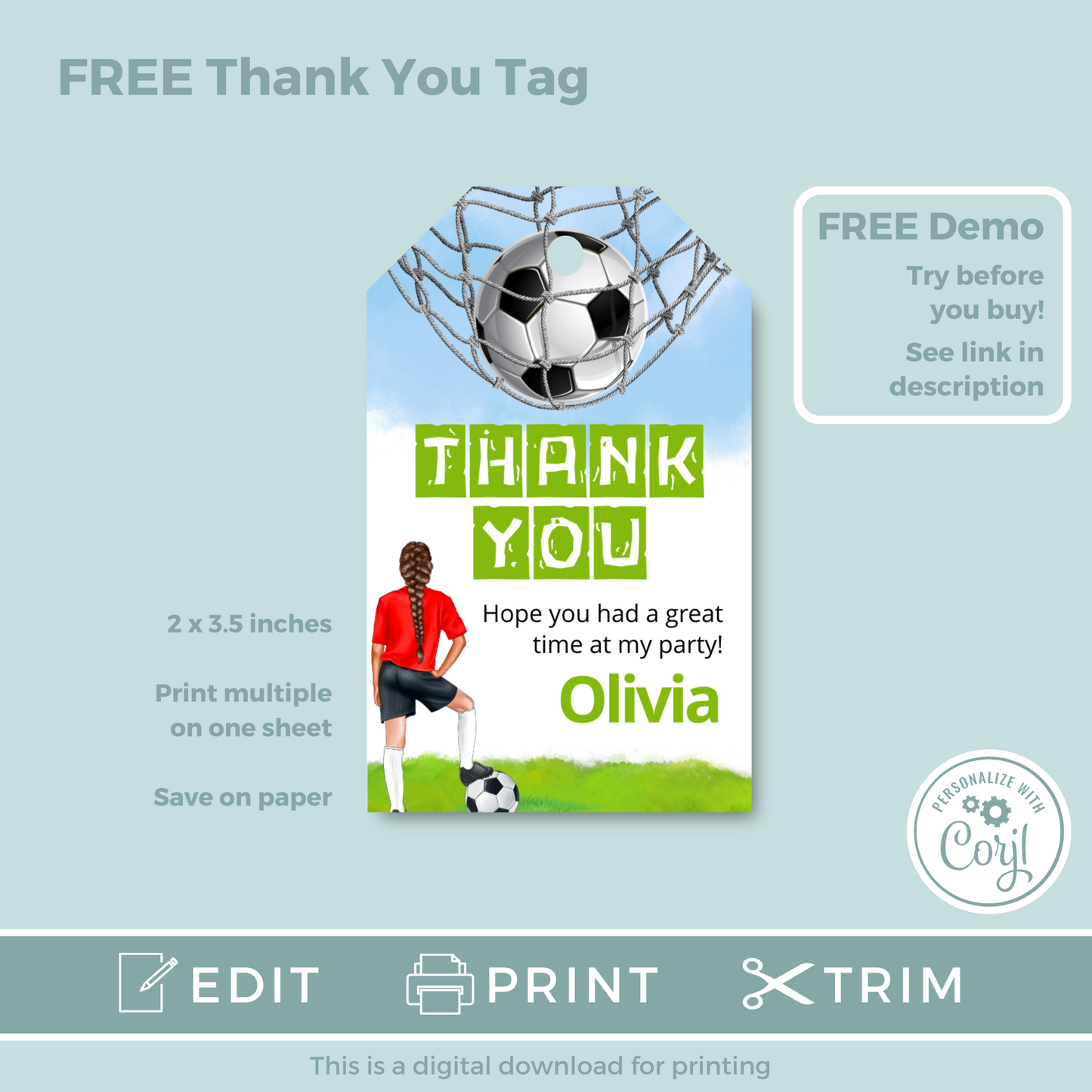 Editable Phone Birthday Invitation and FREE Thank You Tag - Football Girl Red