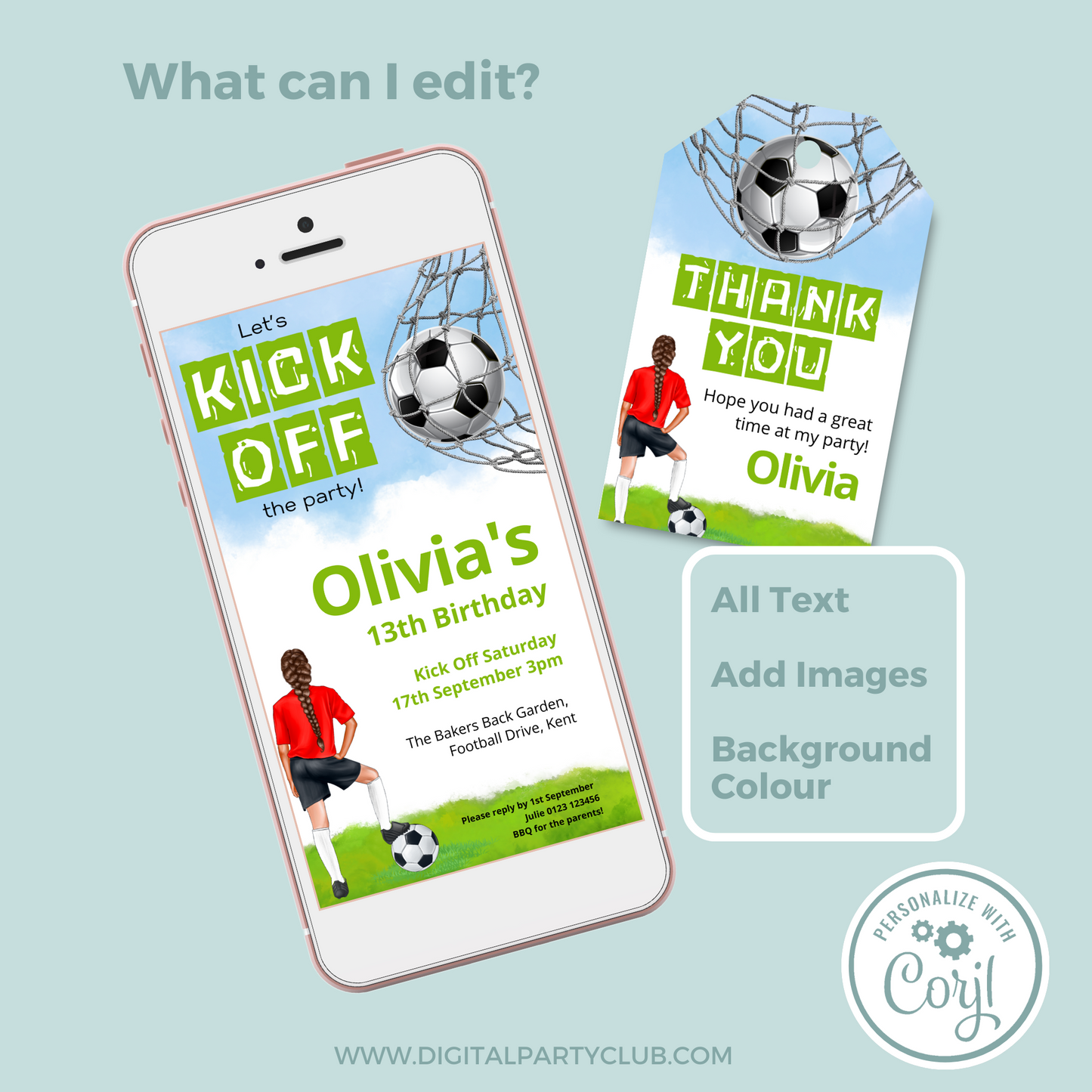 Editable Phone Birthday Invitation and FREE Thank You Tag - Football Girl Red