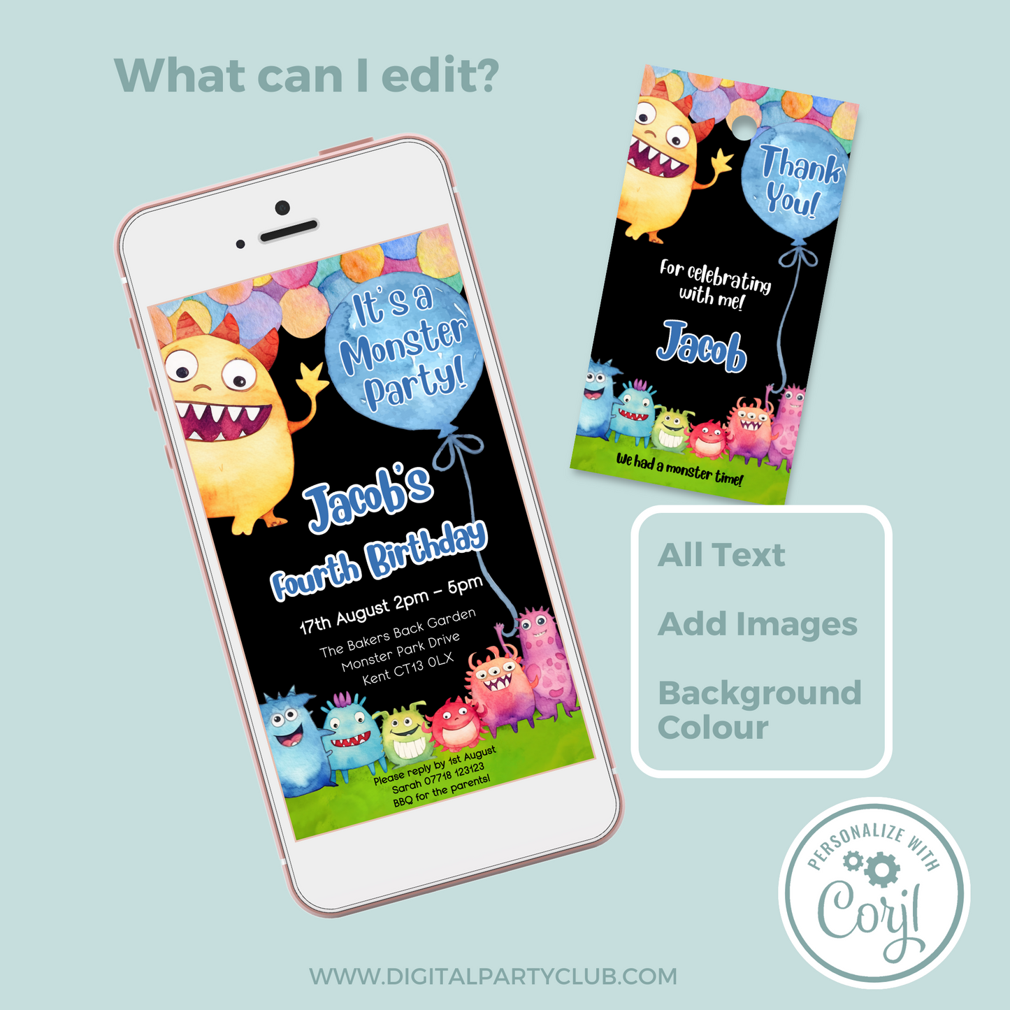Editable Phone Birthday Invitation and FREE Thank You Tag - Monster