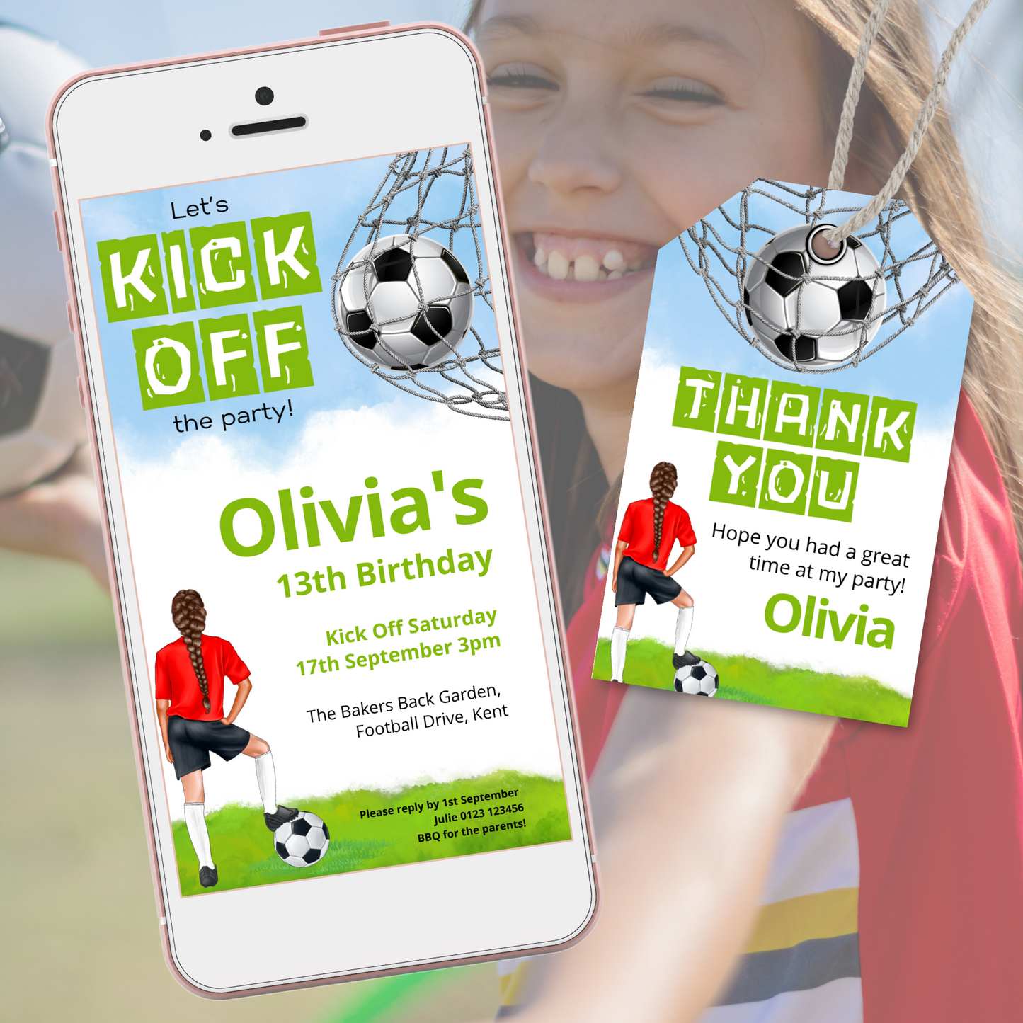 Editable Phone Birthday Invitation and FREE Thank You Tag - Football Girl Red