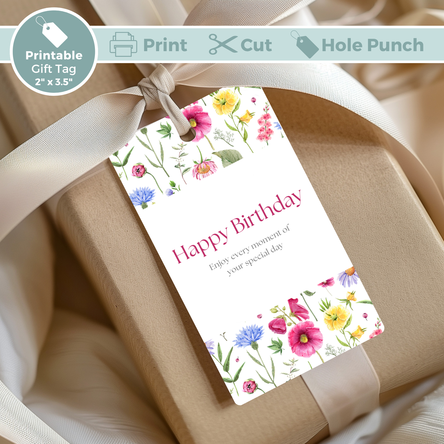 Printable Birthday Gift Tag - Pink Flowers