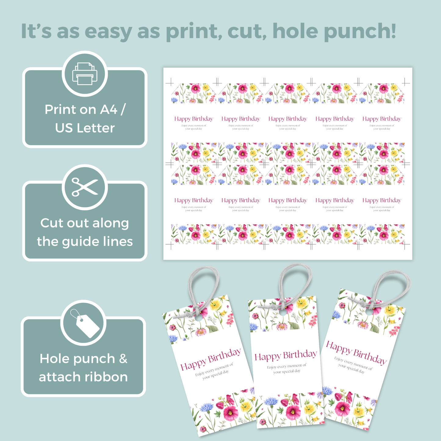 Printable Birthday Gift Tag - Pink Flowers