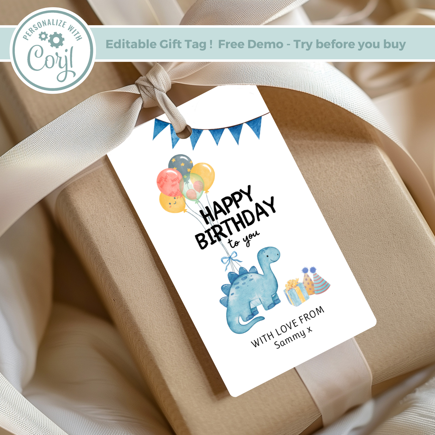 Editable Birthday Gift Tag - Dinosaur