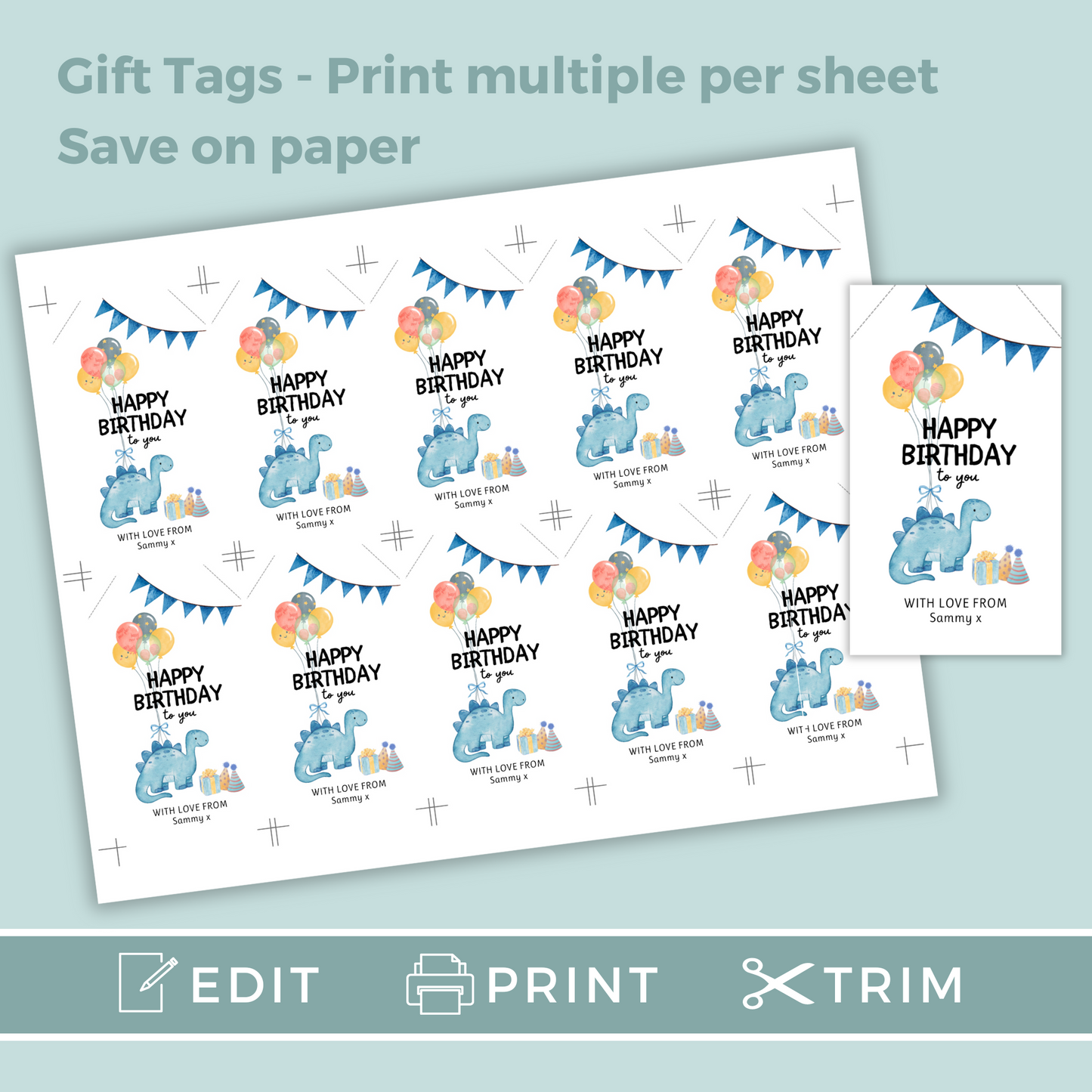 Editable Birthday Gift Tag - Dinosaur