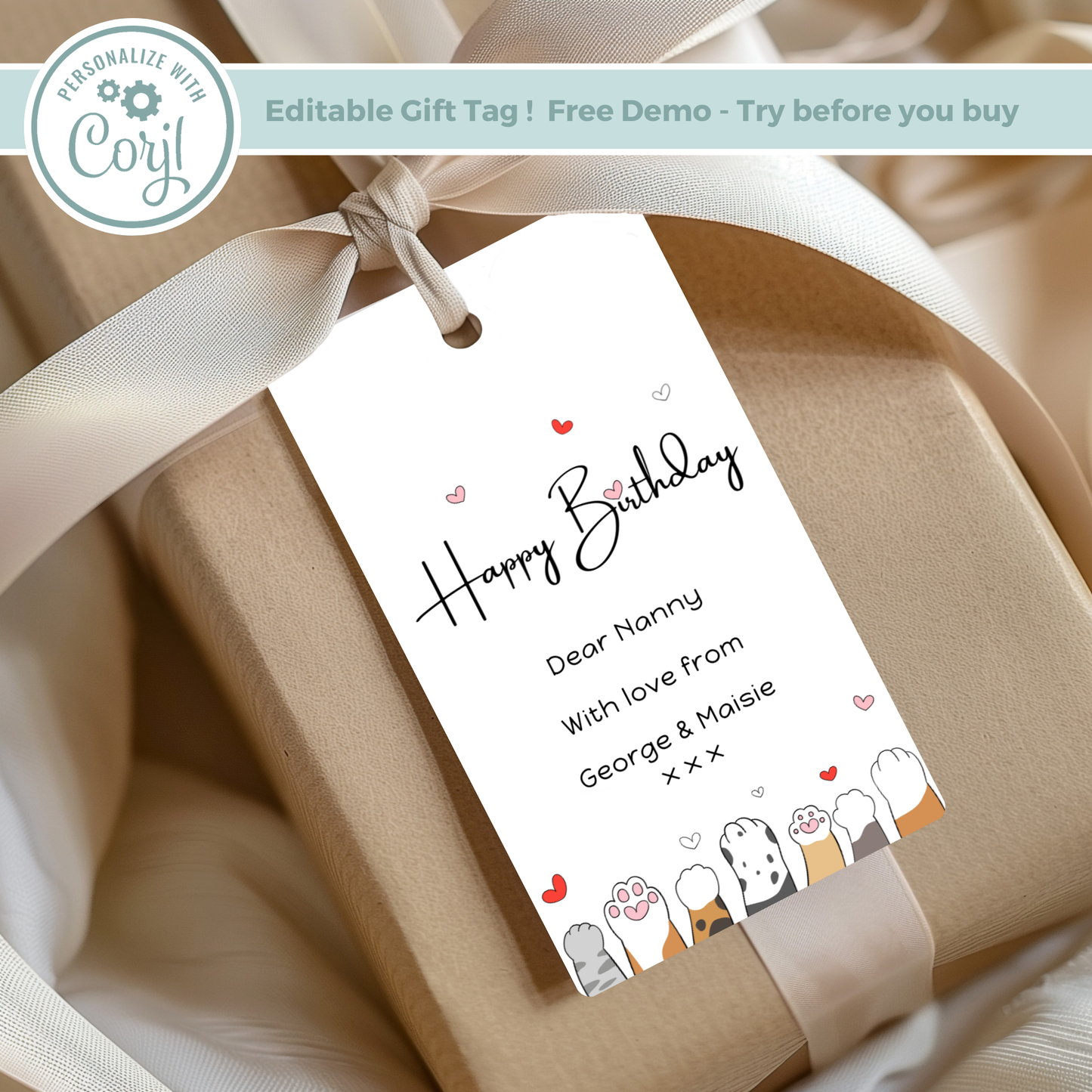 Editable Birthday Gift Tag - Cute Kitty
