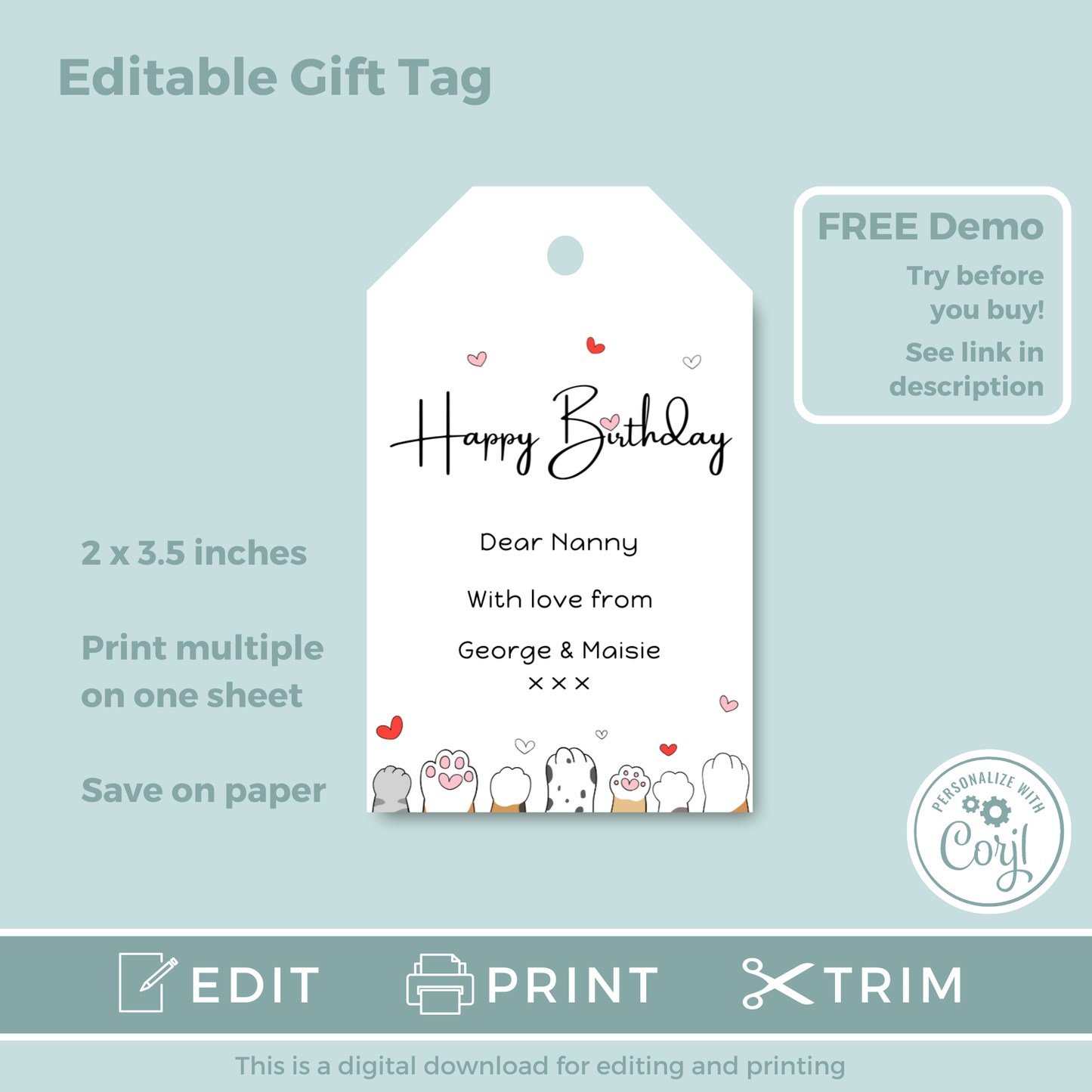 Editable Birthday Gift Tag - Cute Kitty